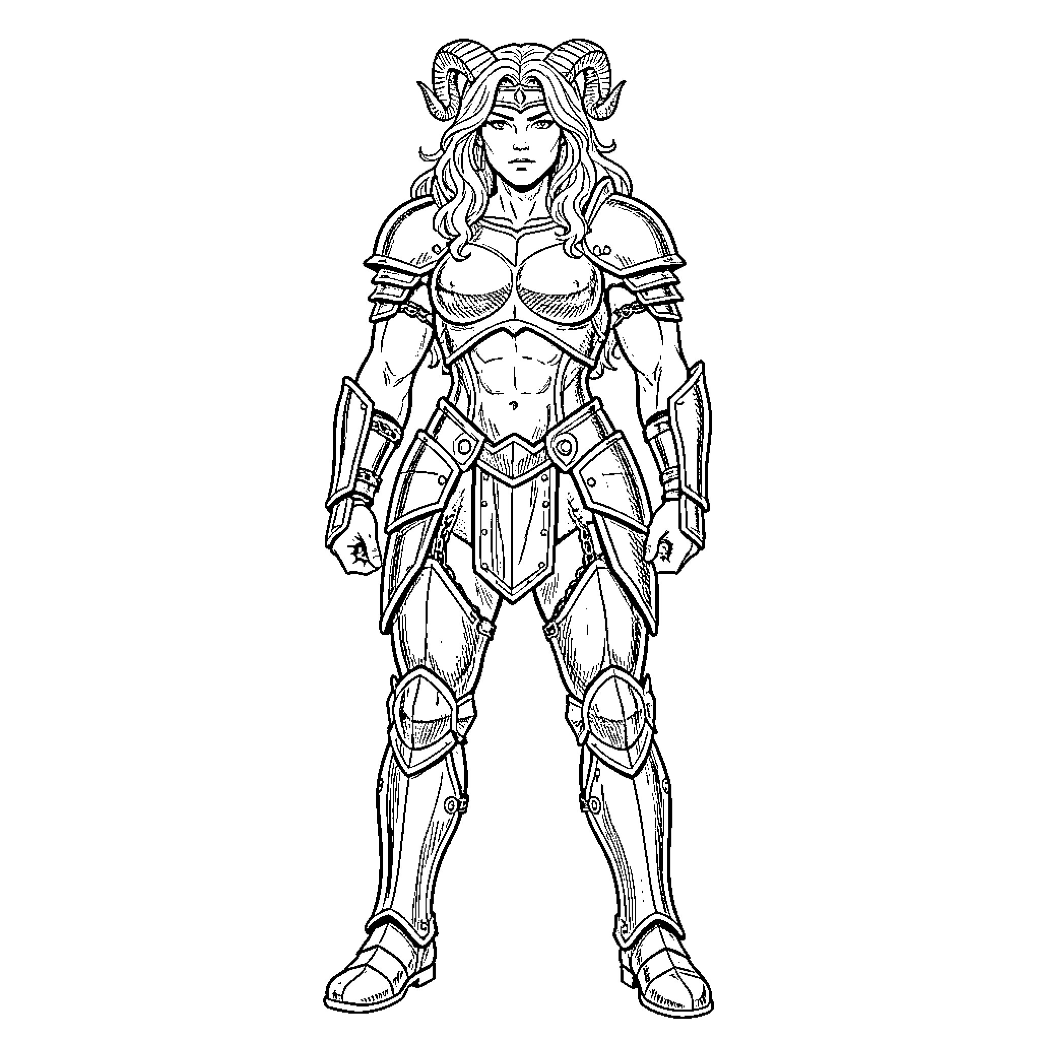 Warrior in full armor standing in a powerful pose Coloring Page (free black-and-white line drawing printable PDF for all, from beginners to advanced learners, including children, teens, adults, and seniors)
