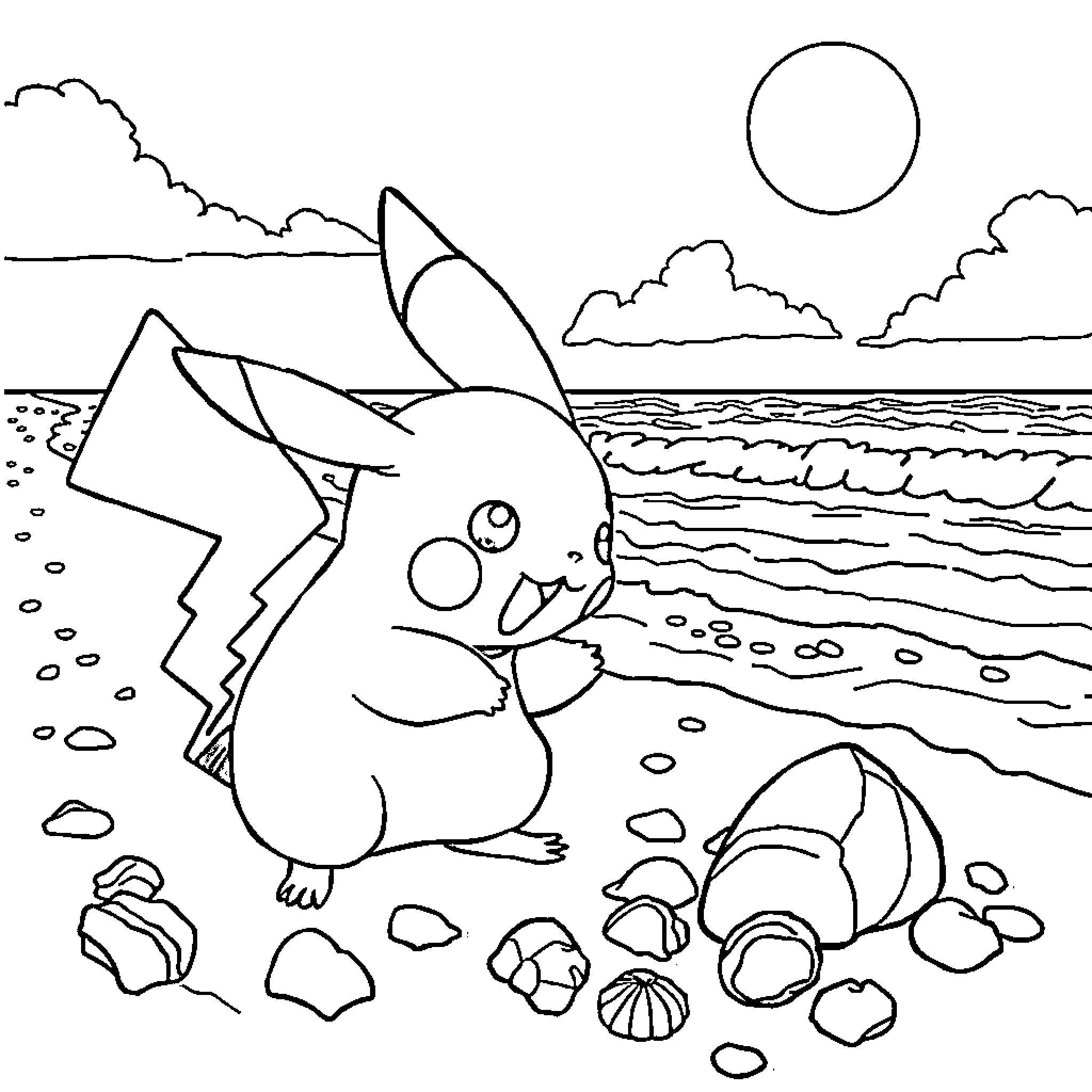 Pikachu enjoying a sunny day at the beach Coloring Page (free black-and-white line drawing printable PDF for all, from beginners to advanced learners, including children, teens, adults, and seniors)
