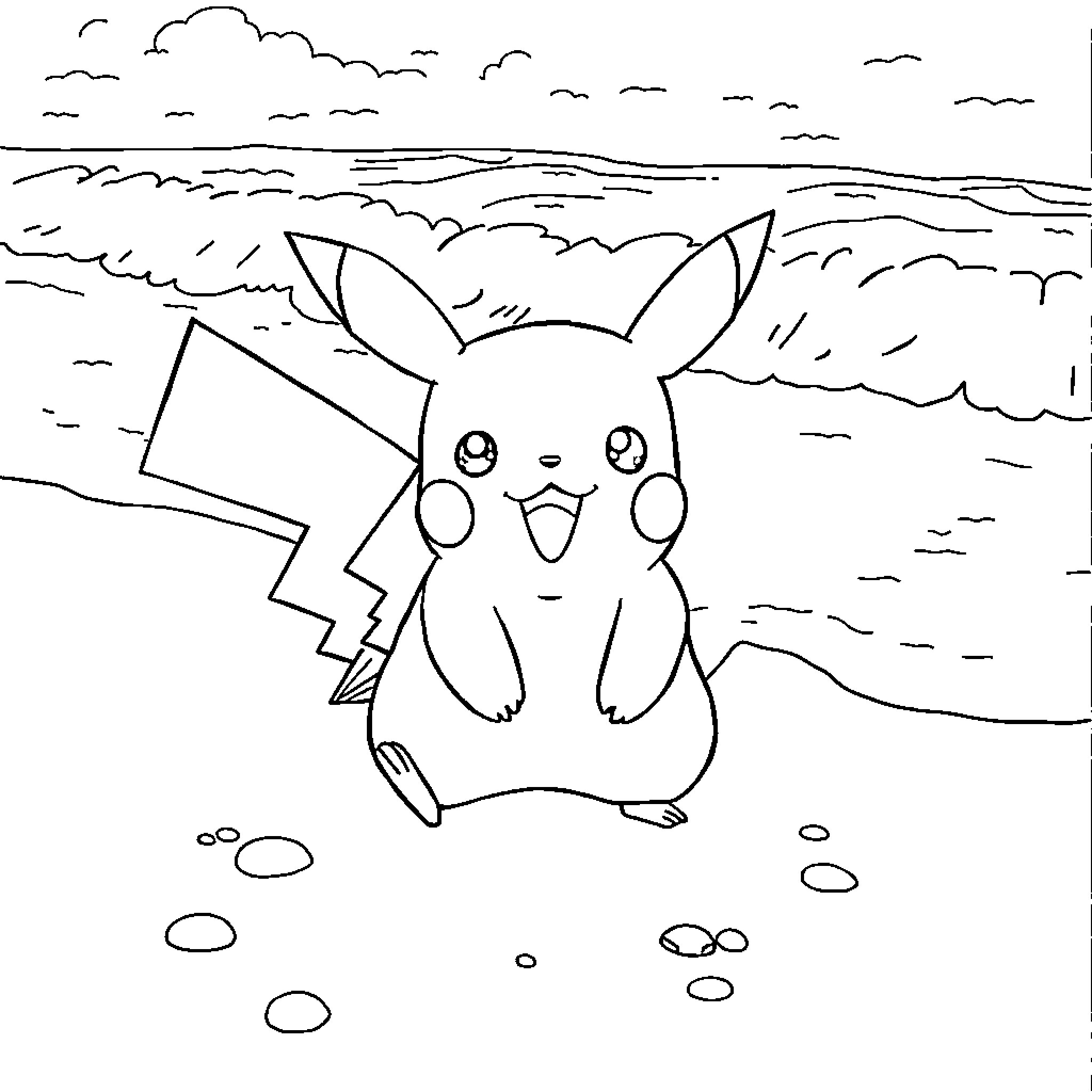 Pikachu relaxing in a peaceful natural setting Coloring Page (free black-and-white line drawing printable PDF for all, from beginners to advanced learners, including children, teens, adults, and seniors)