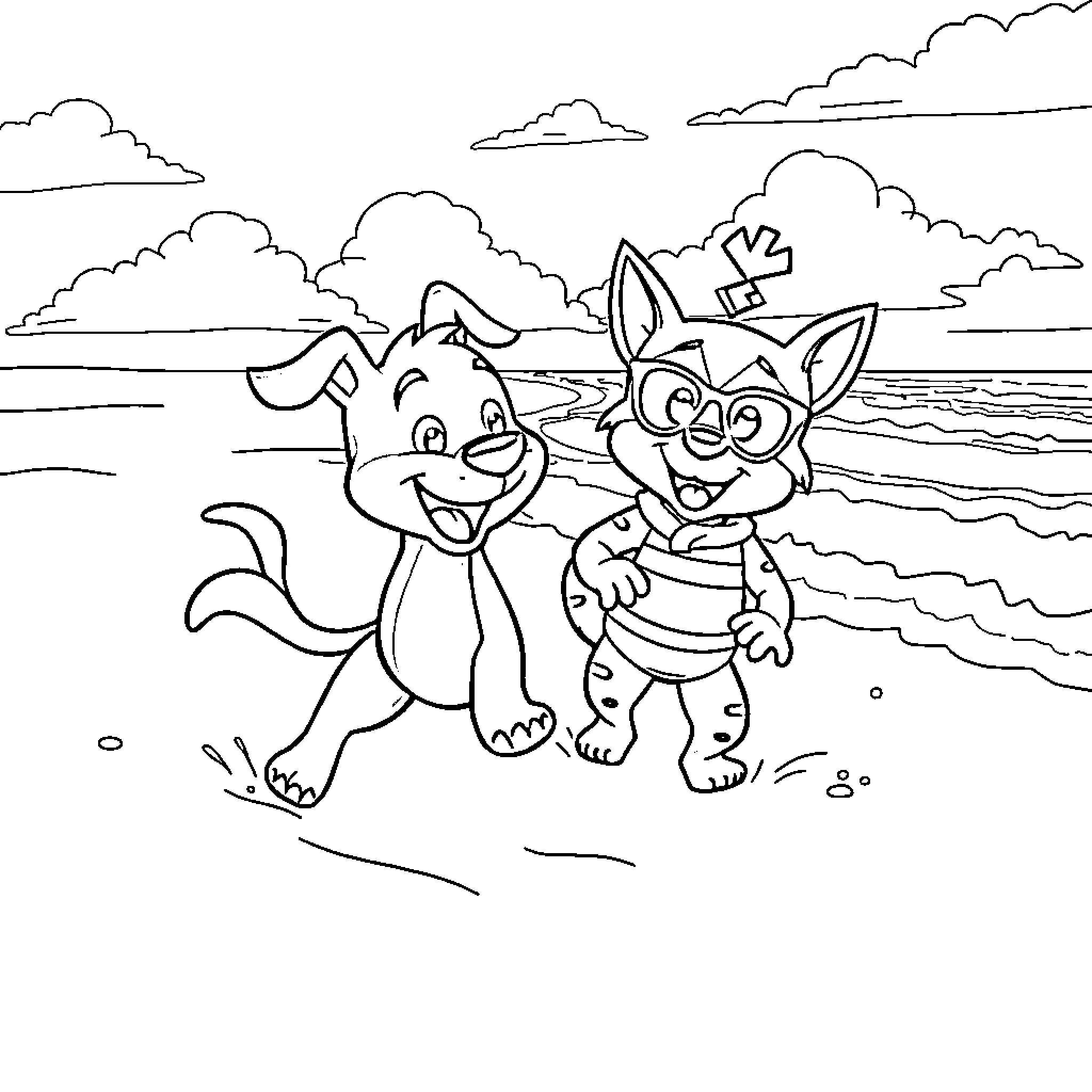 Bluey and Bingo's Beach Adventure Coloring Page (free black-and-white line drawing printable PDF for all, from beginners to advanced learners, including children, teens, adults, and seniors)