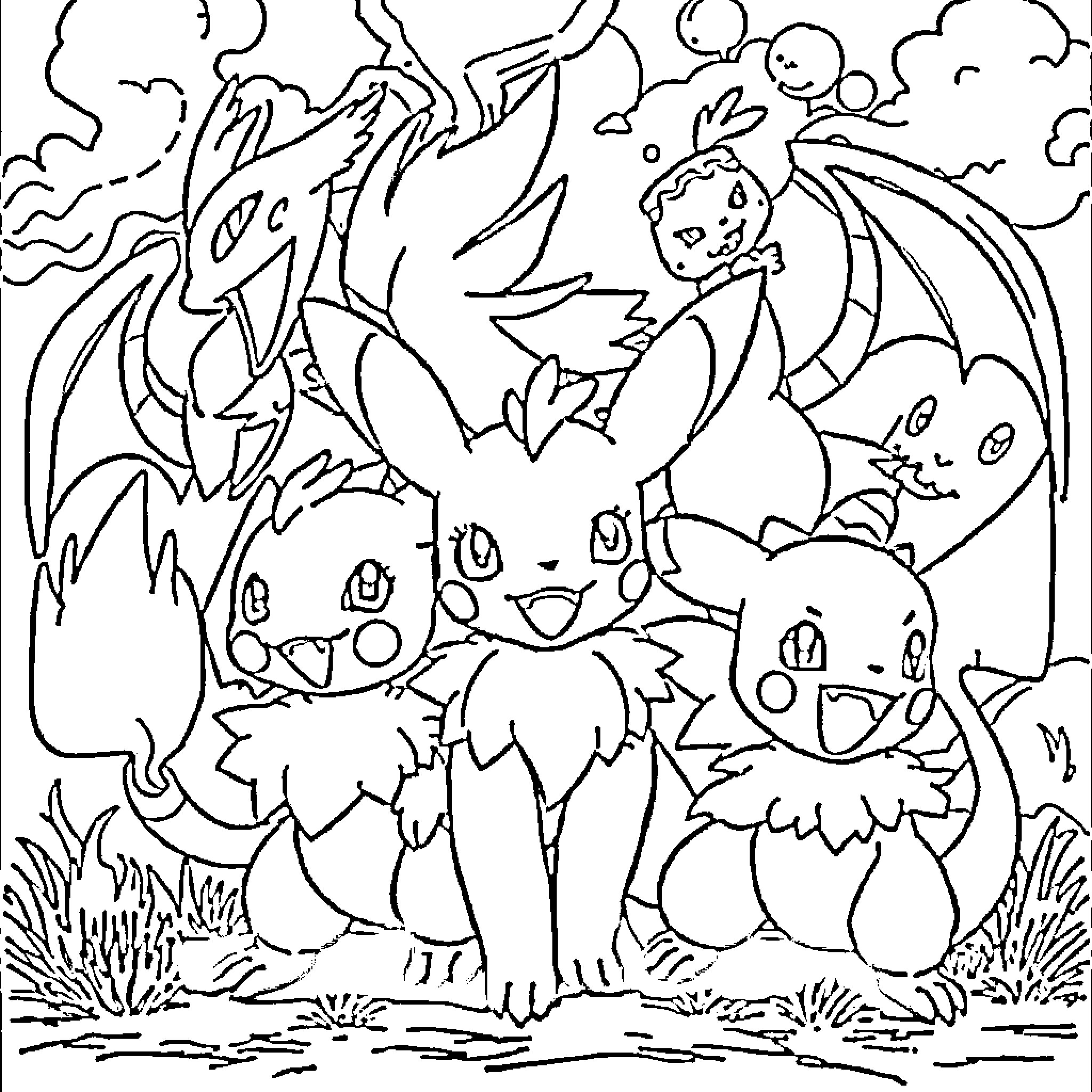 Pokémon friends exploring the outdoors Coloring Page (free black-and-white line drawing printable PDF for all, from beginners to advanced learners, including children, teens, adults, and seniors)