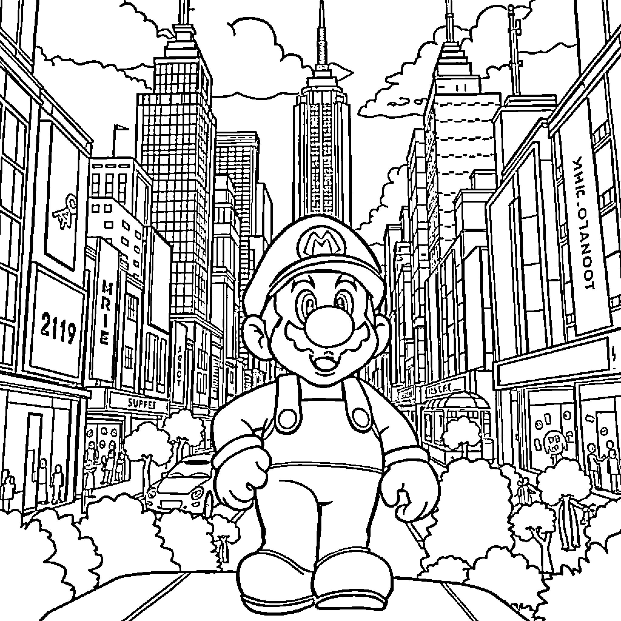 Mario exploring the bustling city skyline Coloring Page (free black-and-white line drawing printable PDF for all, from beginners to advanced learners, including children, teens, adults, and seniors)