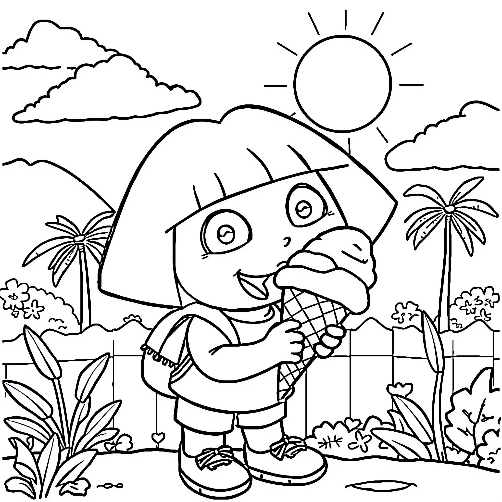 Dora exploring the tropical paradise Coloring Page (free black-and-white line drawing printable PDF for all, from beginners to advanced learners, including children, teens, adults, and seniors)