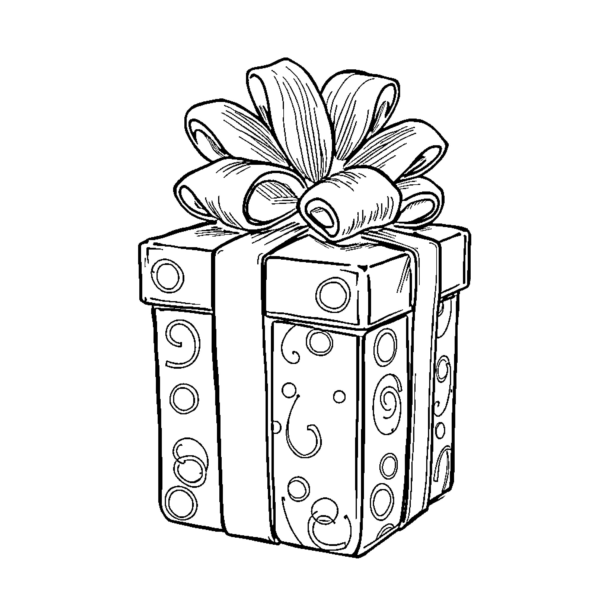 Present wrapped gift with decorative bow Coloring Page (free black-and-white line drawing printable PDF for all, from beginners to advanced learners, including children, teens, adults, and seniors)