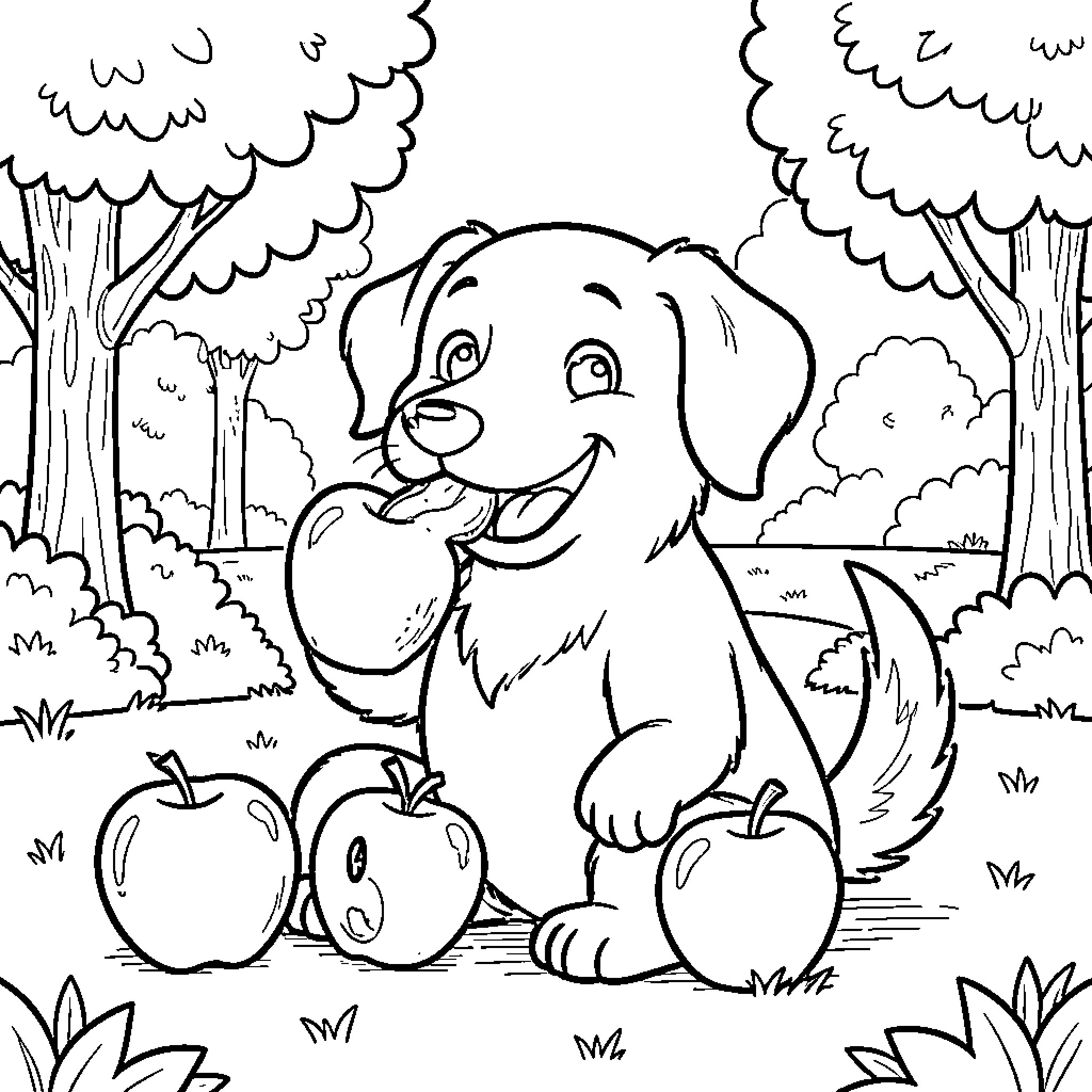 Dog with apples in the forest Coloring Page (free black-and-white line drawing printable PDF for all, from beginners to advanced learners, including children, teens, adults, and seniors)