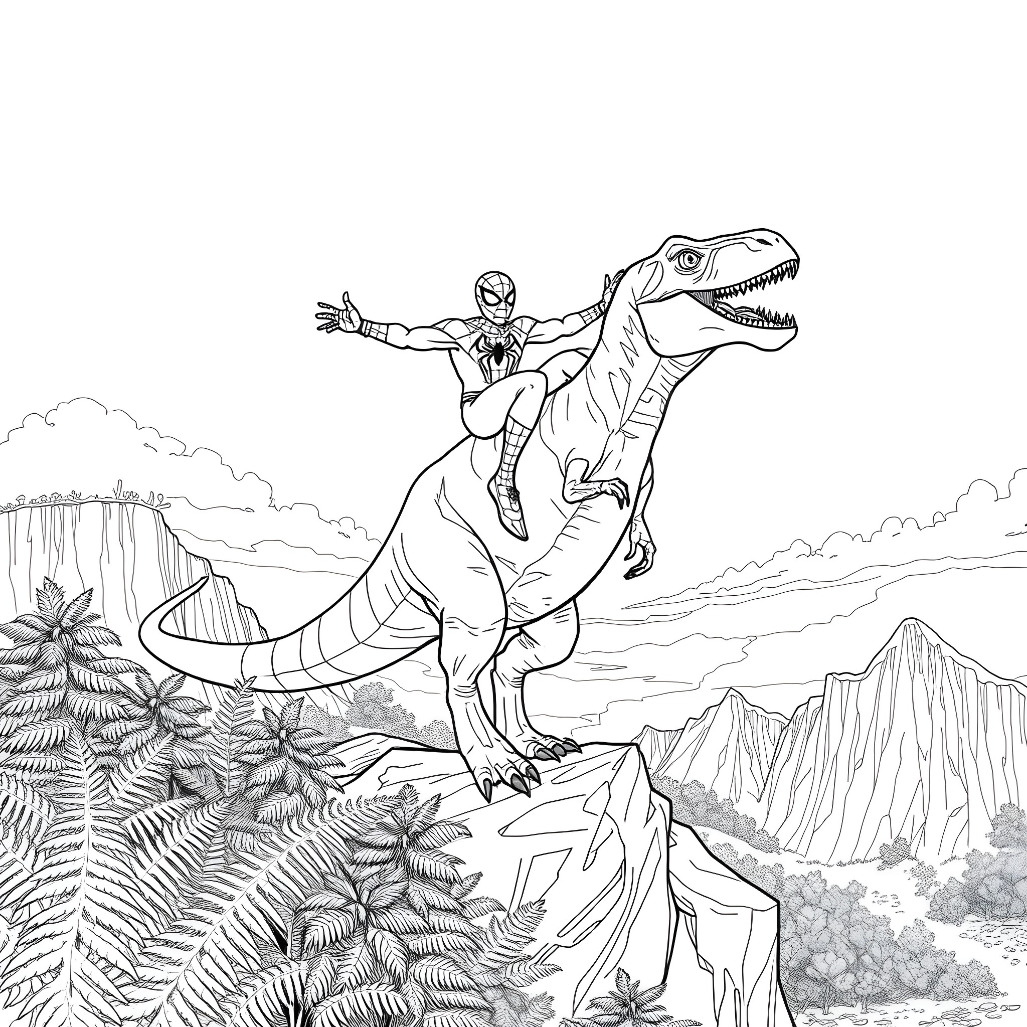 Spiderman riding an aggressive dinosaur in the prehistoric landscape Coloring Page (free black-and-white line drawing printable PDF for all, from beginners to advanced learners, including children, teens, adults, and seniors)