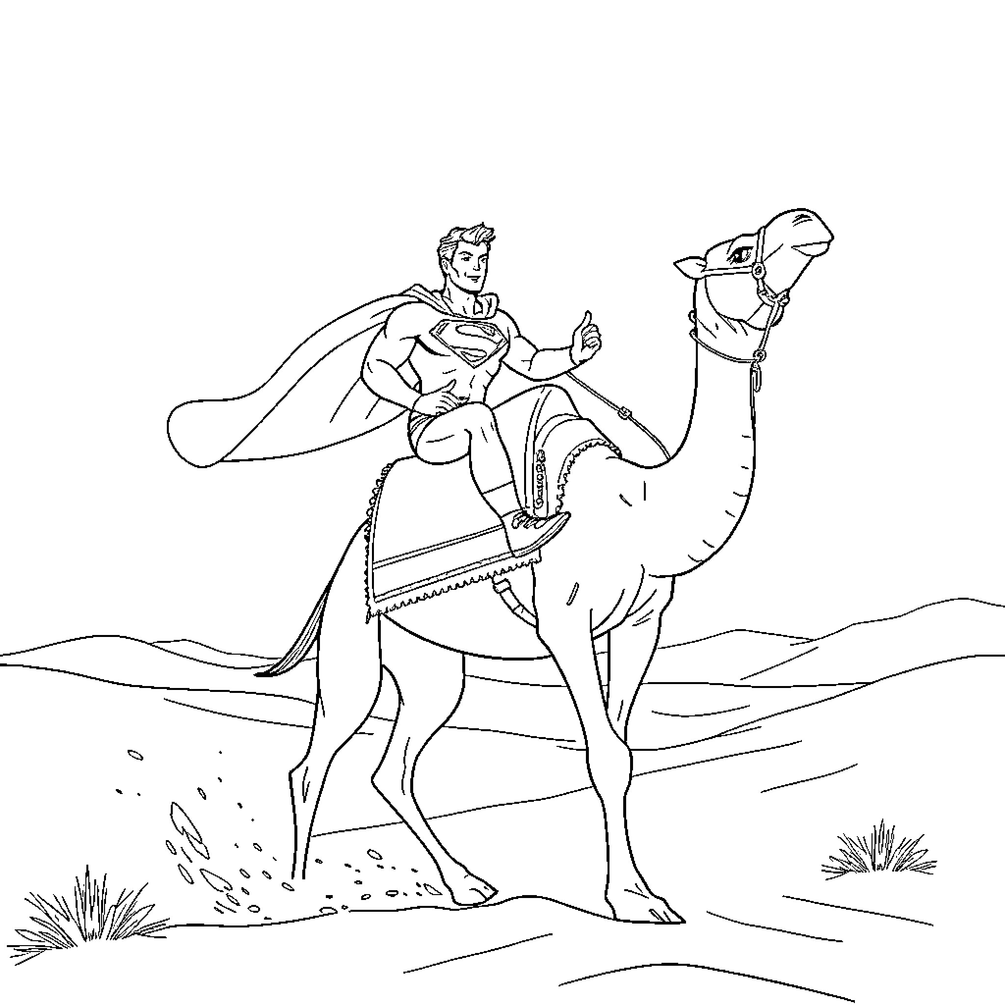 Superman Riding a Camel Through the Desert Coloring Page (free black-and-white line drawing printable PDF for all, from beginners to advanced learners, including children, teens, adults, and seniors)