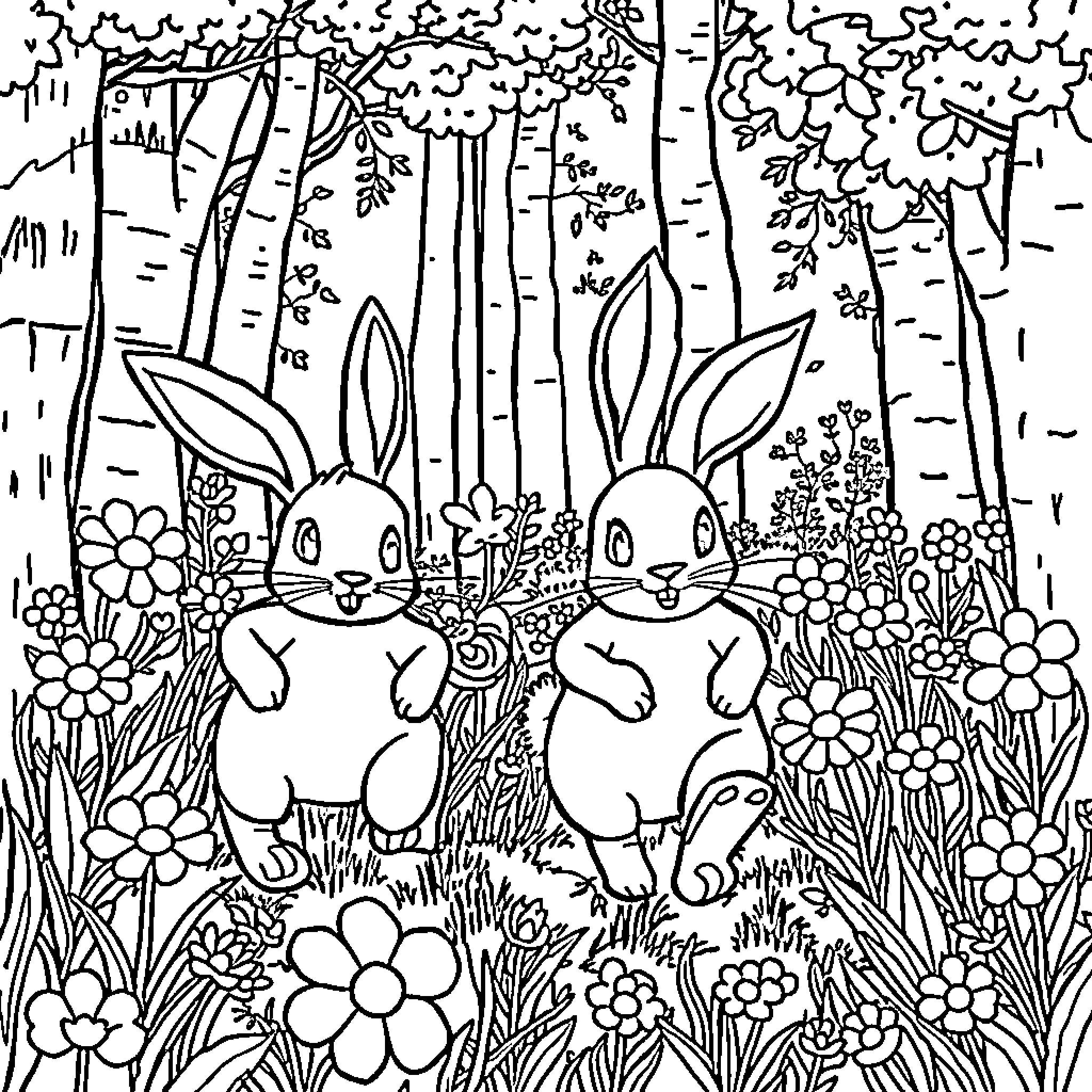 Bunnies frolicking in a whimsical forest setting Coloring Page (free black-and-white line drawing printable PDF for all, from beginners to advanced learners, including children, teens, adults, and seniors)
