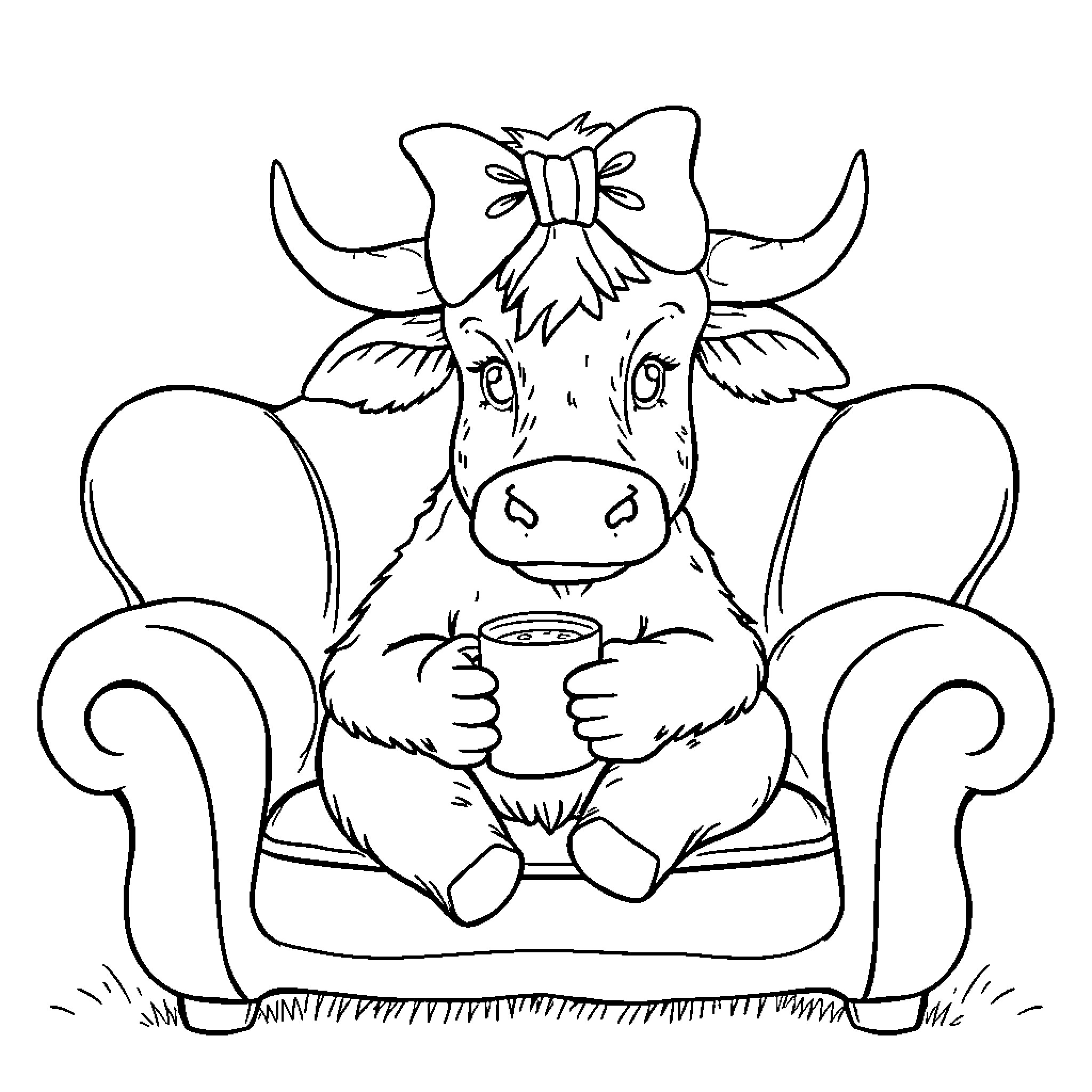 Highland Cow relaxing with a hot drink Coloring Page (free black-and-white line drawing printable PDF for all, from beginners to advanced learners, including children, teens, adults, and seniors)