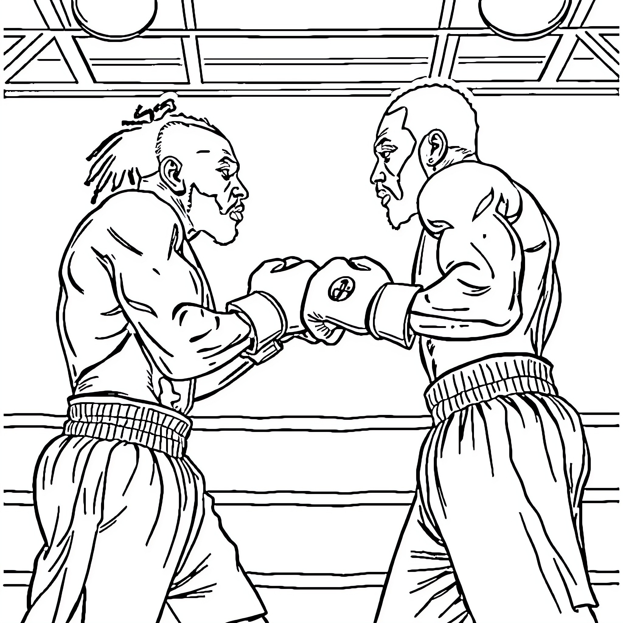 Boxer confrontation in the ring Coloring Page (free black-and-white line drawing printable PDF for all, from beginners to advanced learners, including children, teens, adults, and seniors)