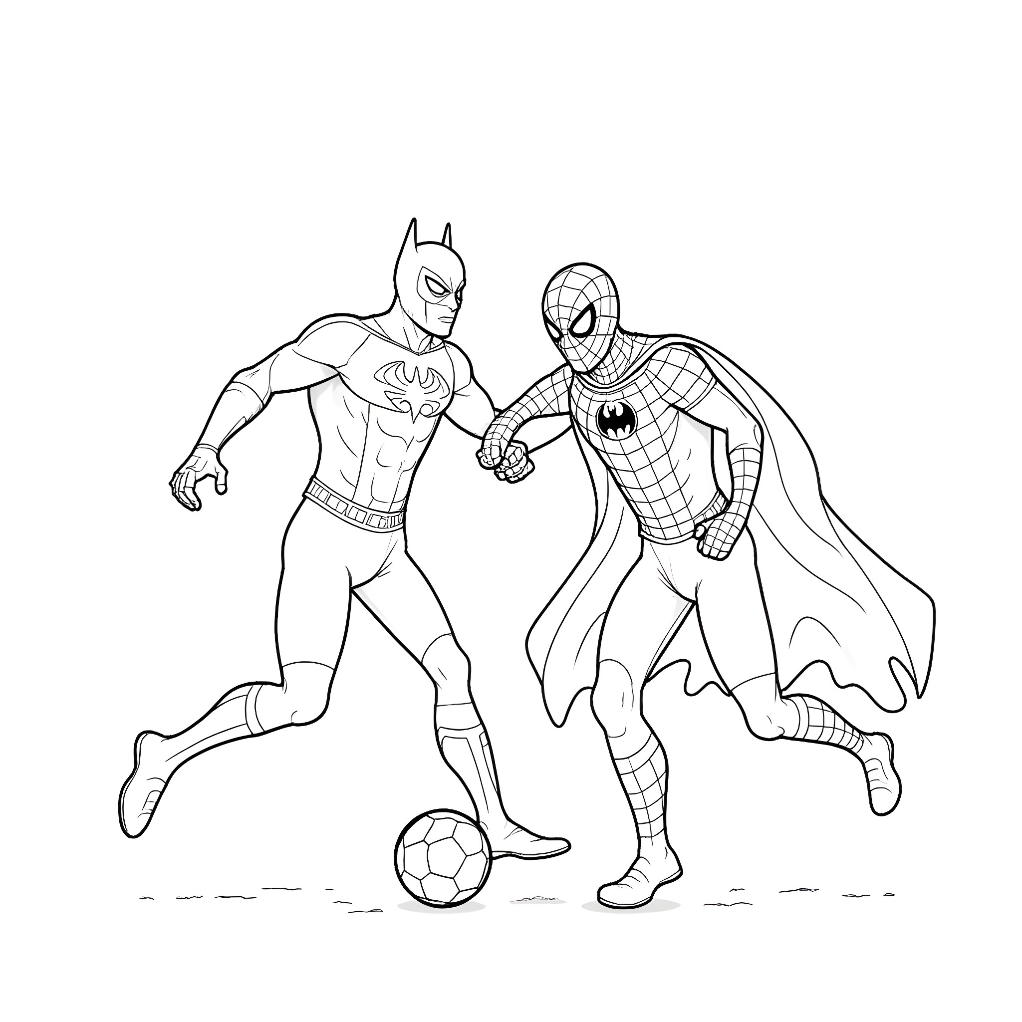 Batman and Spider-Man playing soccer together Coloring Page (free black-and-white line drawing printable PDF for all, from beginners to advanced learners, including children, teens, adults, and seniors)