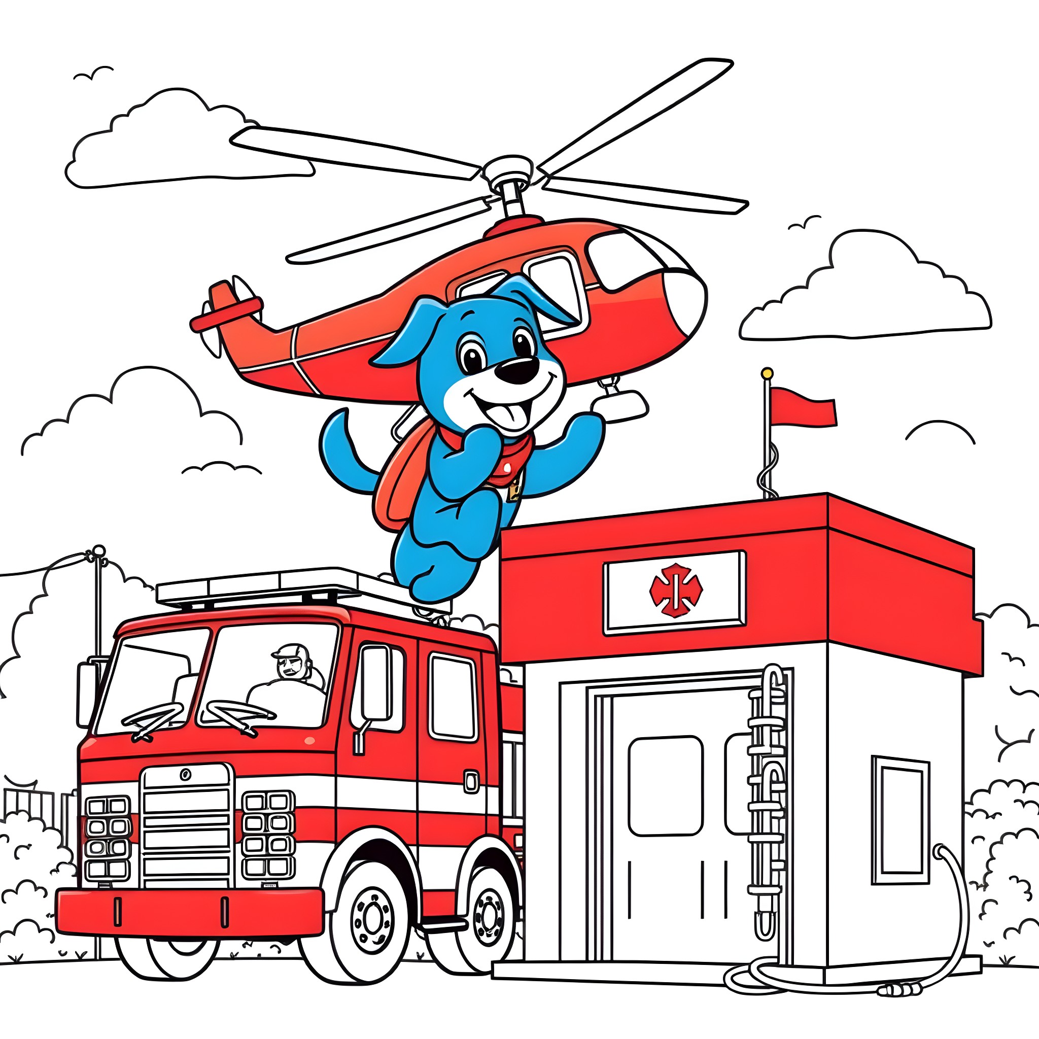 Bluey the puppy helping firefighters in an emergency Coloring Page (free black-and-white line drawing printable PDF for all, from beginners to advanced learners, including children, teens, adults, and seniors)