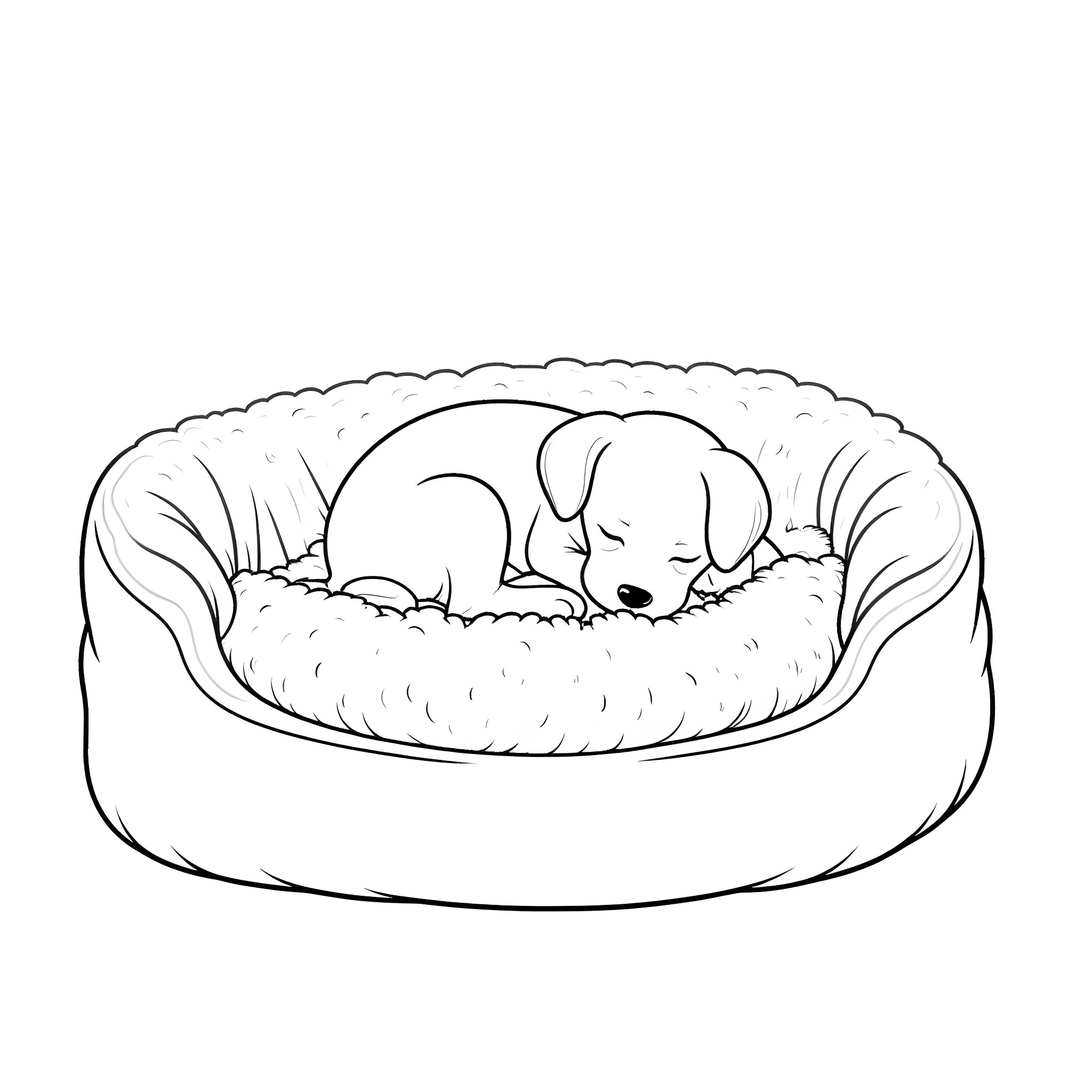 Puppy sleeping peacefully in a cozy bed Coloring Page (free black-and-white line drawing printable PDF for all, from beginners to advanced learners, including children, teens, adults, and seniors)