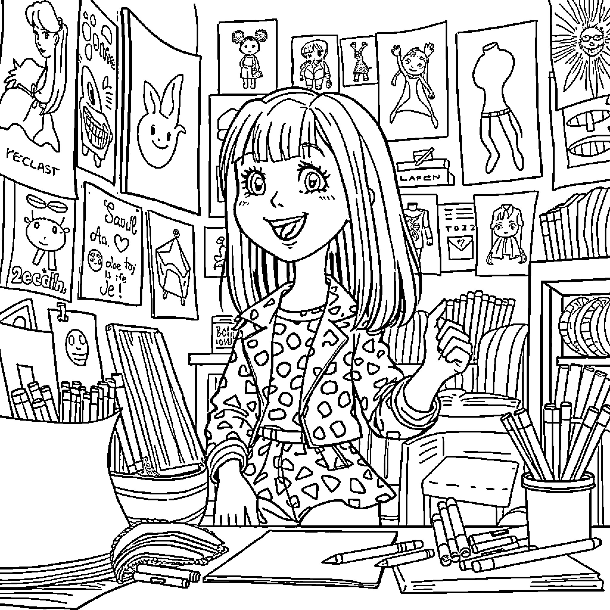 Girl drawing and creating in her art studio Coloring Page (free black-and-white line drawing printable PDF for all, from beginners to advanced learners, including children, teens, adults, and seniors)