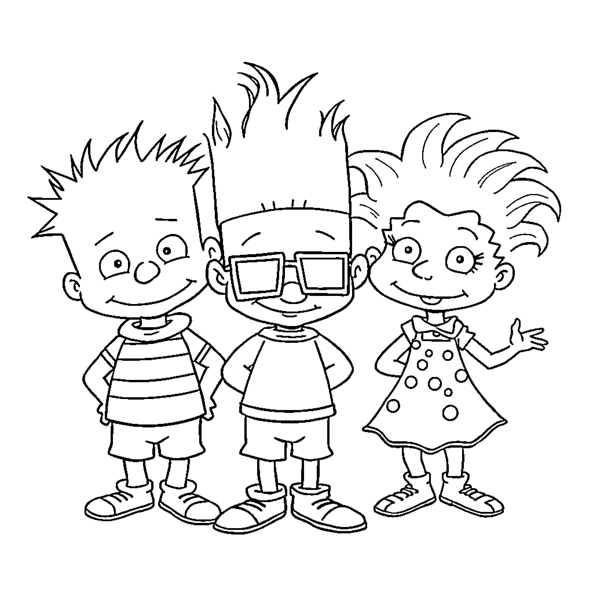 Rugrats friends in playful poses and outfits Coloring Page (free black-and-white line drawing printable PDF for all, from beginners to advanced learners, including children, teens, adults, and seniors)