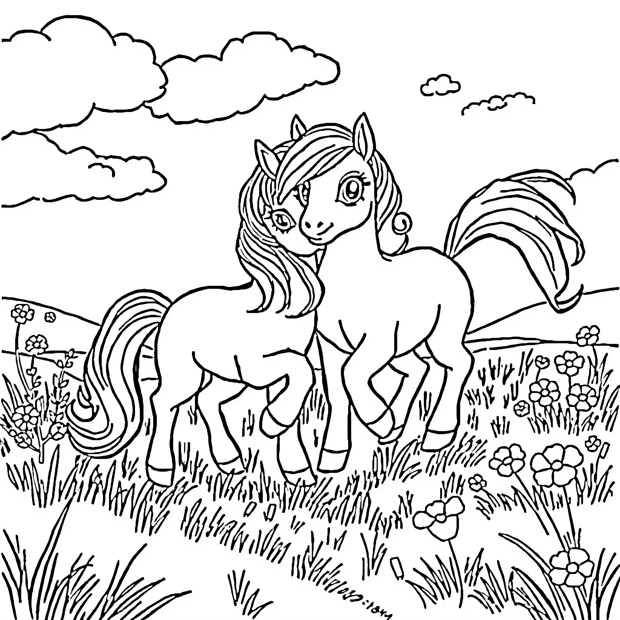 Pony playfully exploring a grassy meadow Coloring Page (free black-and-white line drawing printable PDF for all, from beginners to advanced learners, including children, teens, adults, and seniors)