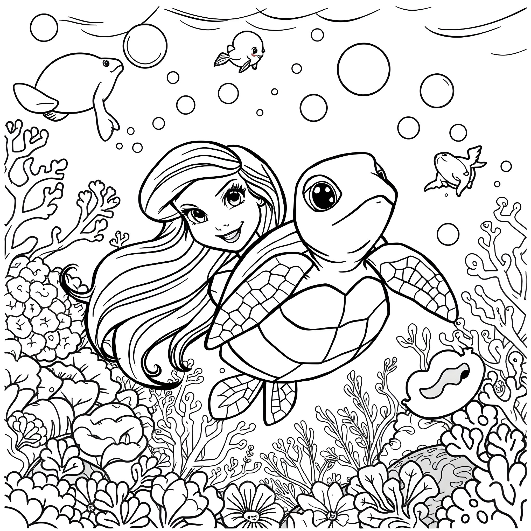 Turtle and Mermaid exploring underwater wonderland Coloring Page (free black-and-white line drawing printable PDF for all, from beginners to advanced learners, including children, teens, adults, and seniors)