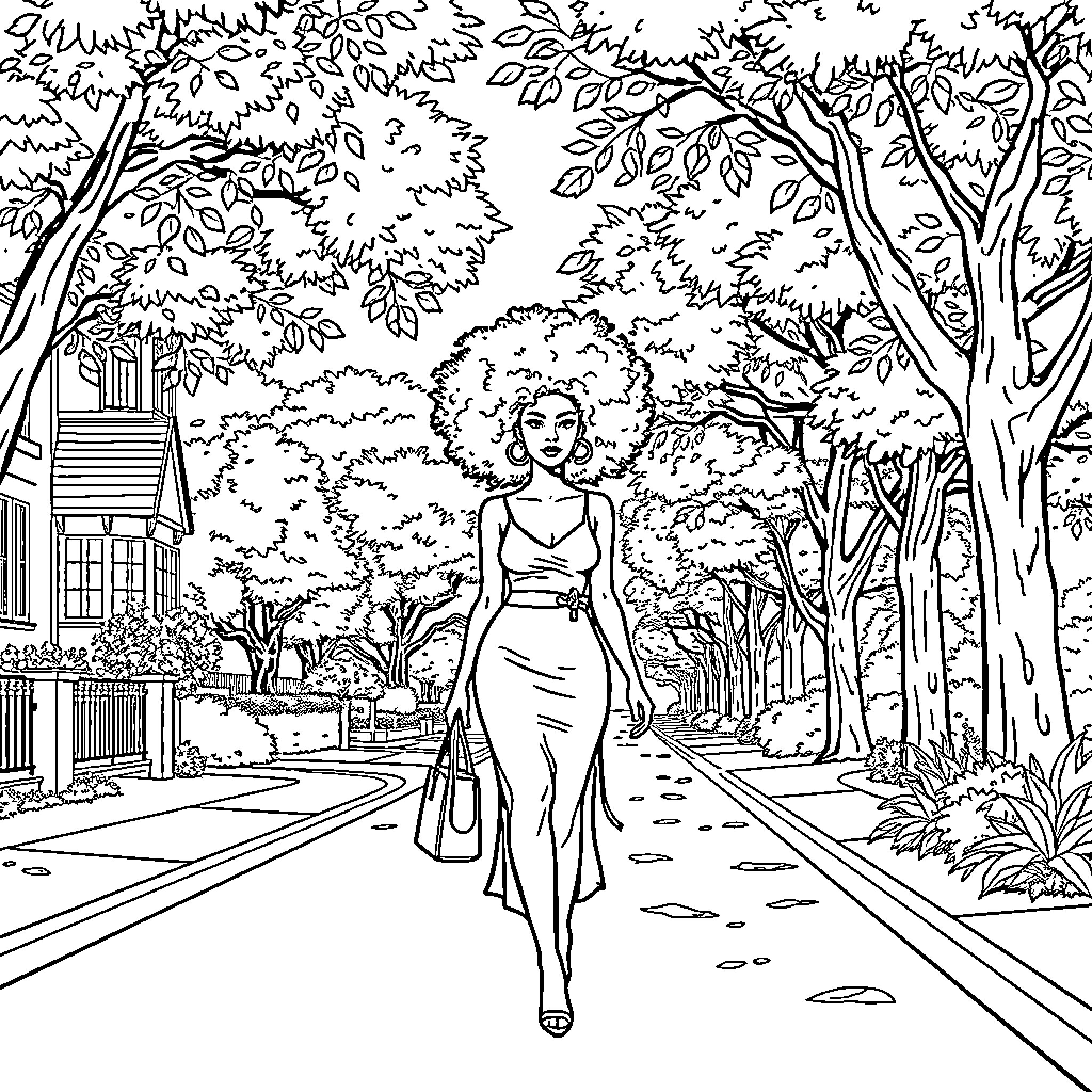 Lady Strolling Through Lush Outdoor Scenery Coloring Page (free black-and-white line drawing printable PDF for all, from beginners to advanced learners, including children, teens, adults, and seniors)