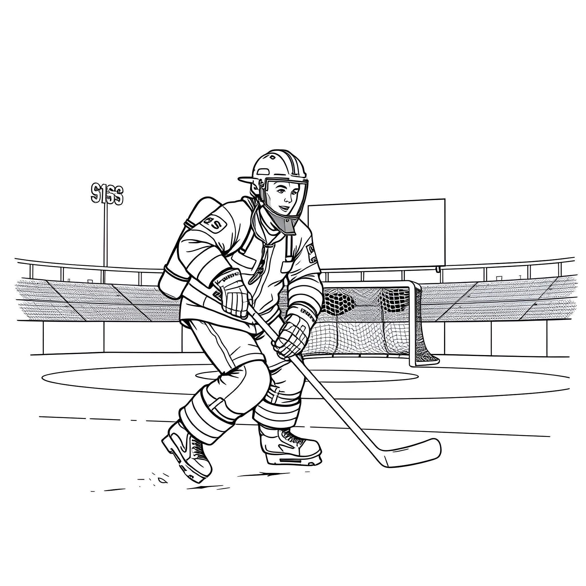 Firefighter playing ice hockey on a rink Coloring Page (free black-and-white line drawing printable PDF for all, from beginners to advanced learners, including children, teens, adults, and seniors)