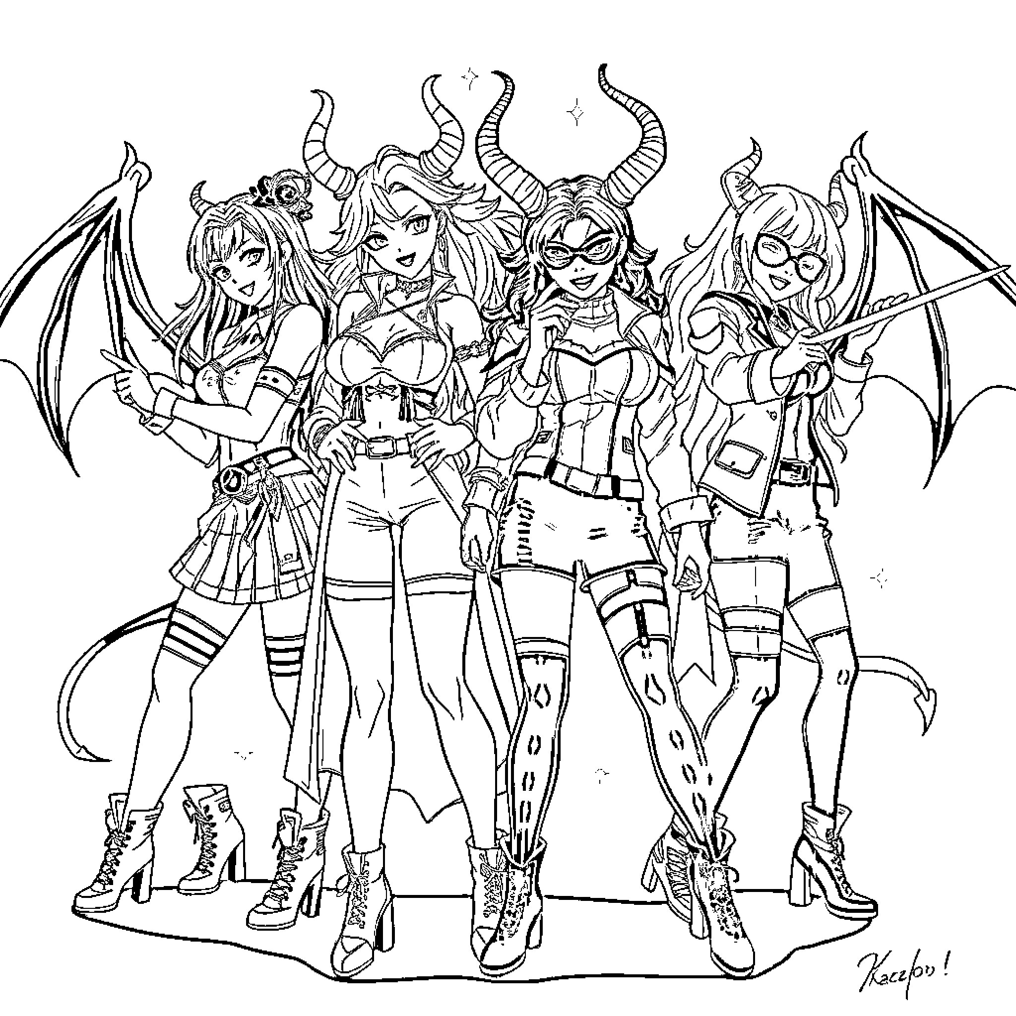 Demon Hunters in Fierce Outfit and Pose Coloring Page (free black-and-white line drawing printable PDF for all, from beginners to advanced learners, including children, teens, adults, and seniors)