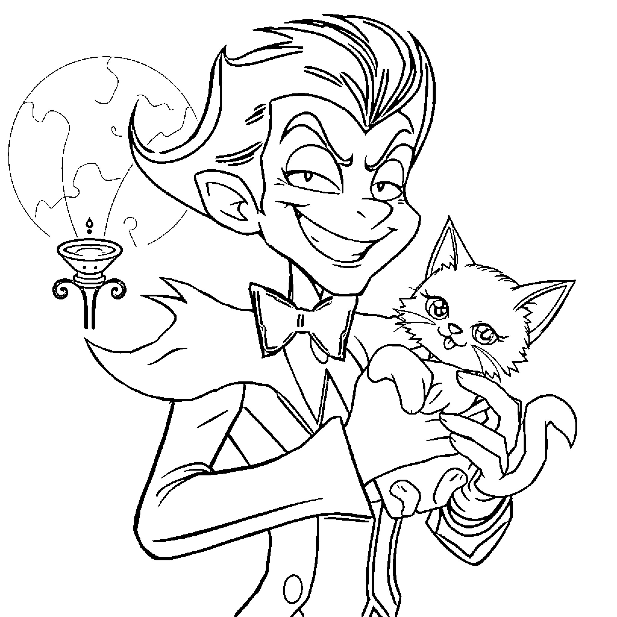 Alastor's Mischievous Antics with Feline Companion Coloring Page (free black-and-white line drawing printable PDF for all, from beginners to advanced learners, including children, teens, adults, and seniors)