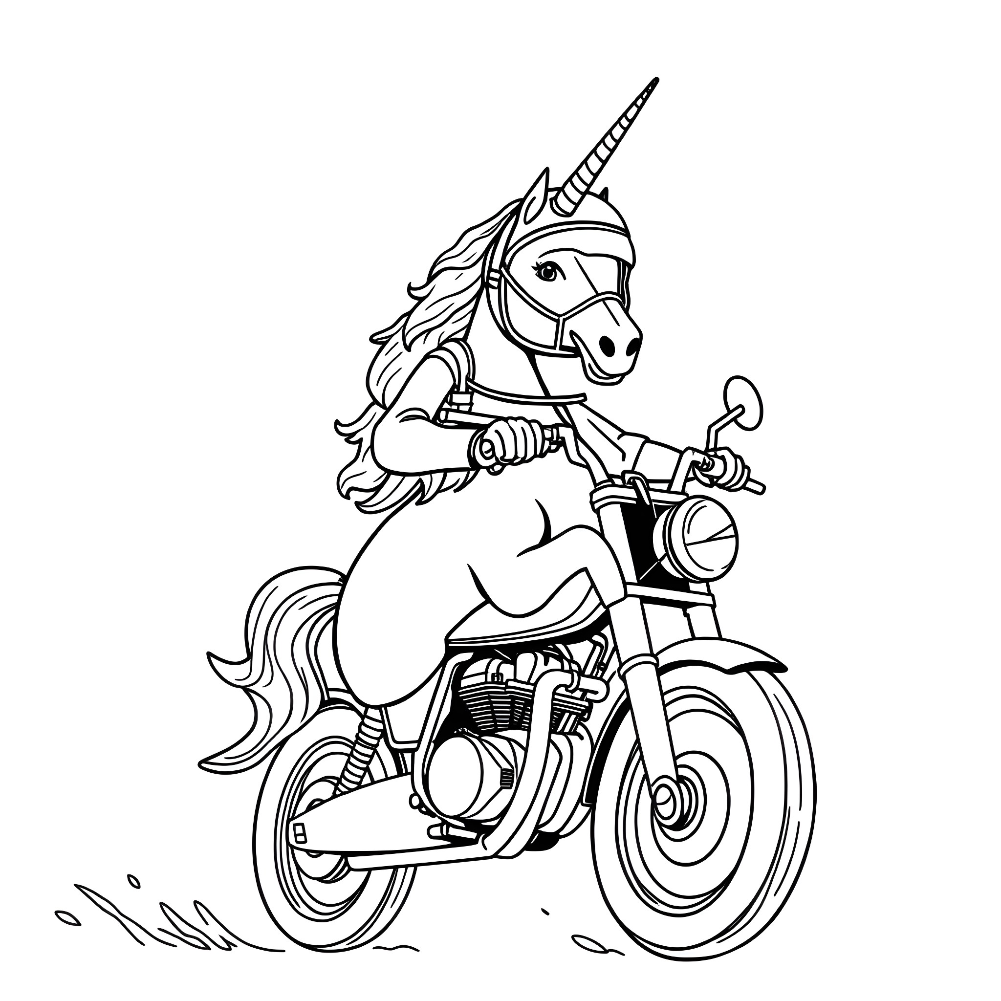 Unicorn riding a motorcycle with excitement Coloring Page (free black-and-white line drawing printable PDF for all, from beginners to advanced learners, including children, teens, adults, and seniors)