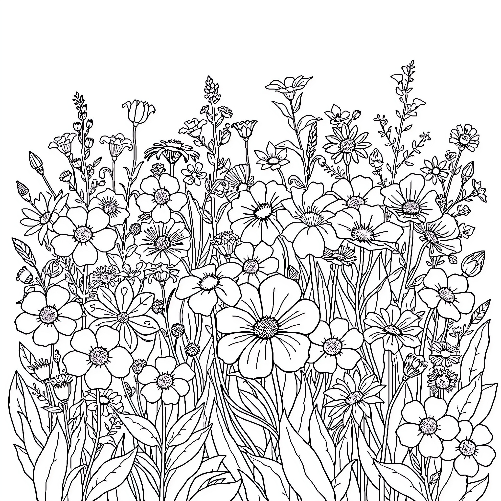 Flower field filled with vibrant blooms Coloring Page (free black-and-white line drawing printable PDF for all, from beginners to advanced learners, including children, teens, adults, and seniors)
