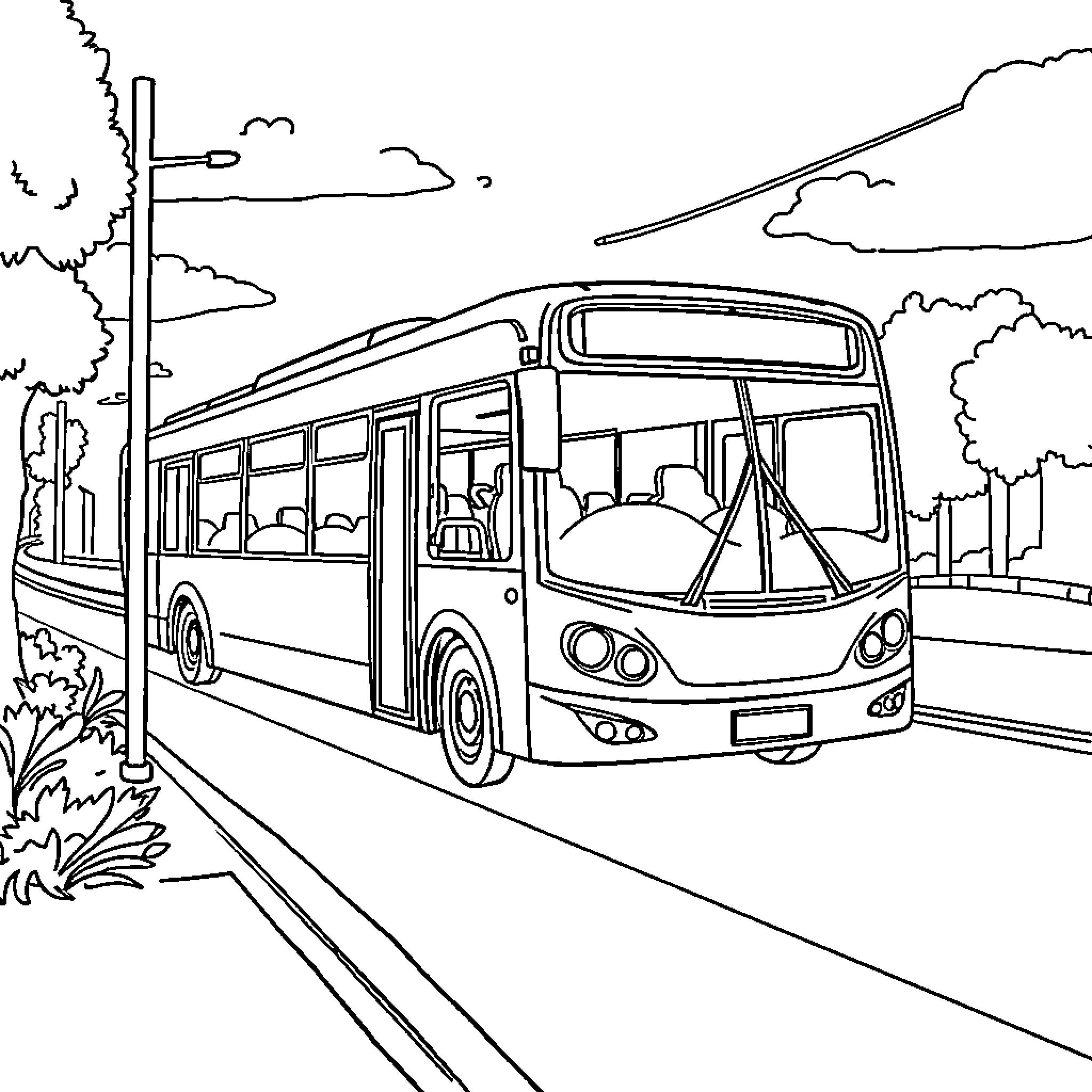 Bus driving on a scenic road with trees and clouds Coloring Page (free black-and-white line drawing printable PDF for all, from beginners to advanced learners, including children, teens, adults, and seniors)