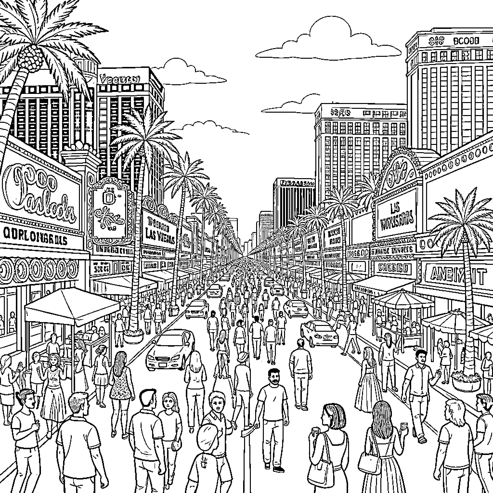 Las Vegas Strip crowded with people walking among buildings Coloring Page (free black-and-white line drawing printable PDF for all, from beginners to advanced learners, including children, teens, adults, and seniors)