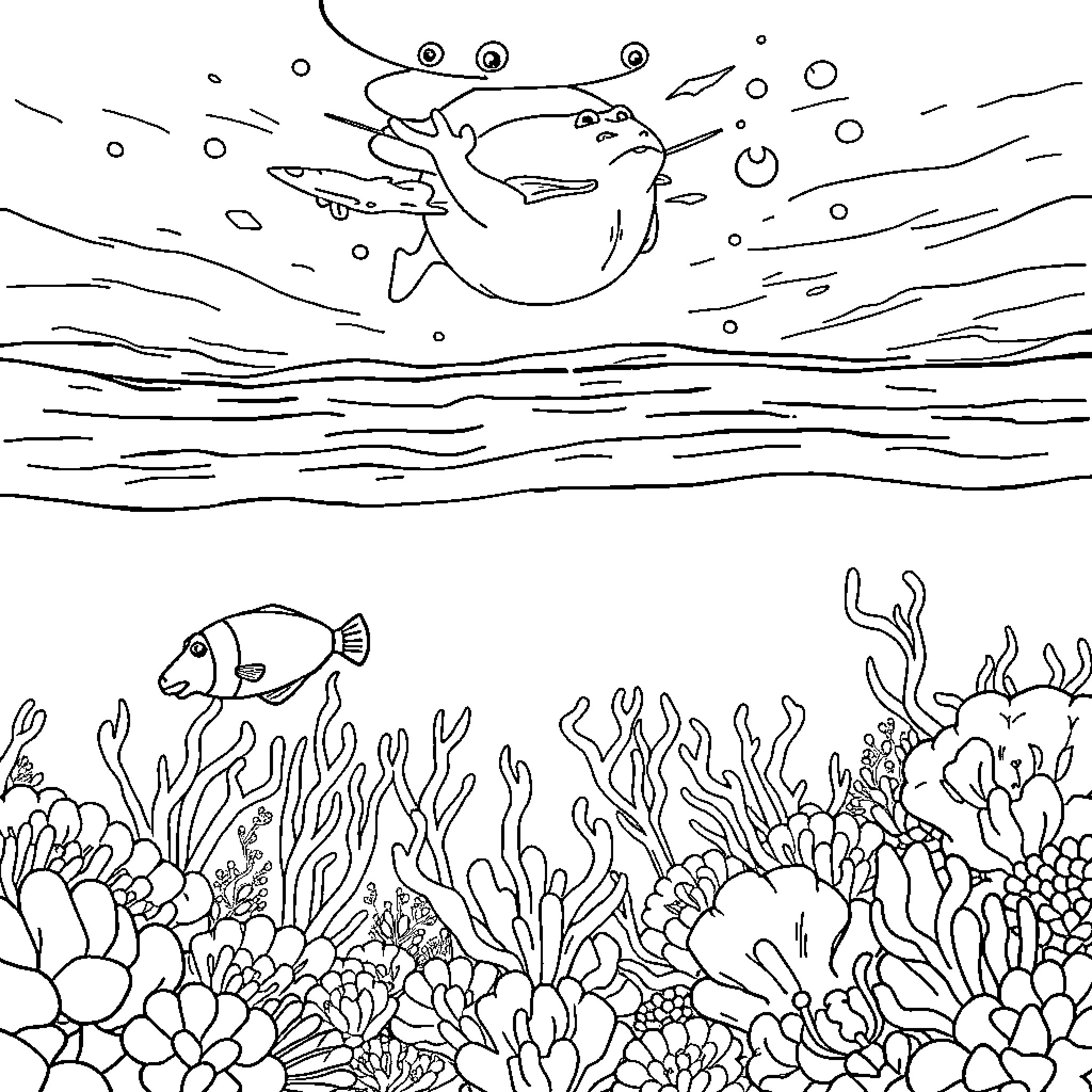 Animation of sea creatures in underwater scene Coloring Page (free black-and-white line drawing printable PDF for all, from beginners to advanced learners, including children, teens, adults, and seniors)