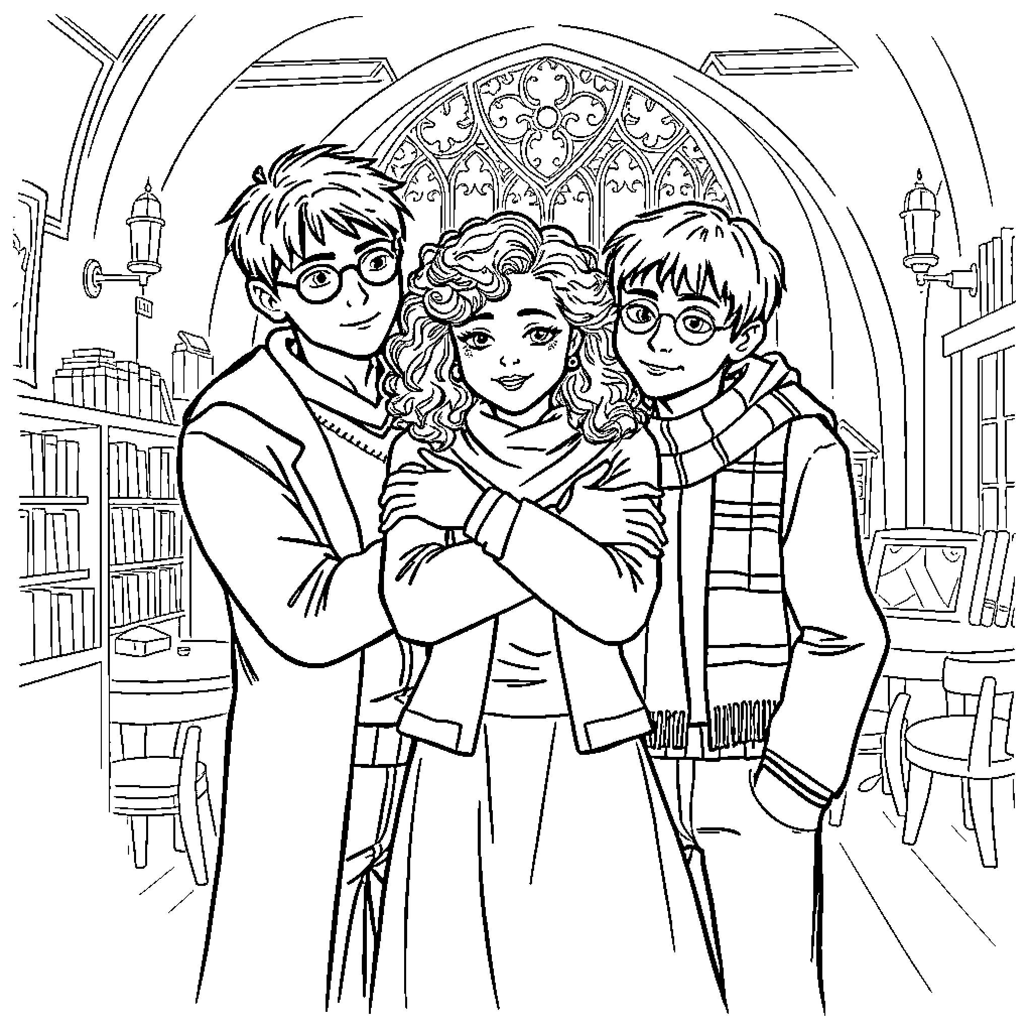Hermione and her friends in a magical setting Coloring Page (free black-and-white line drawing printable PDF for all, from beginners to advanced learners, including children, teens, adults, and seniors)