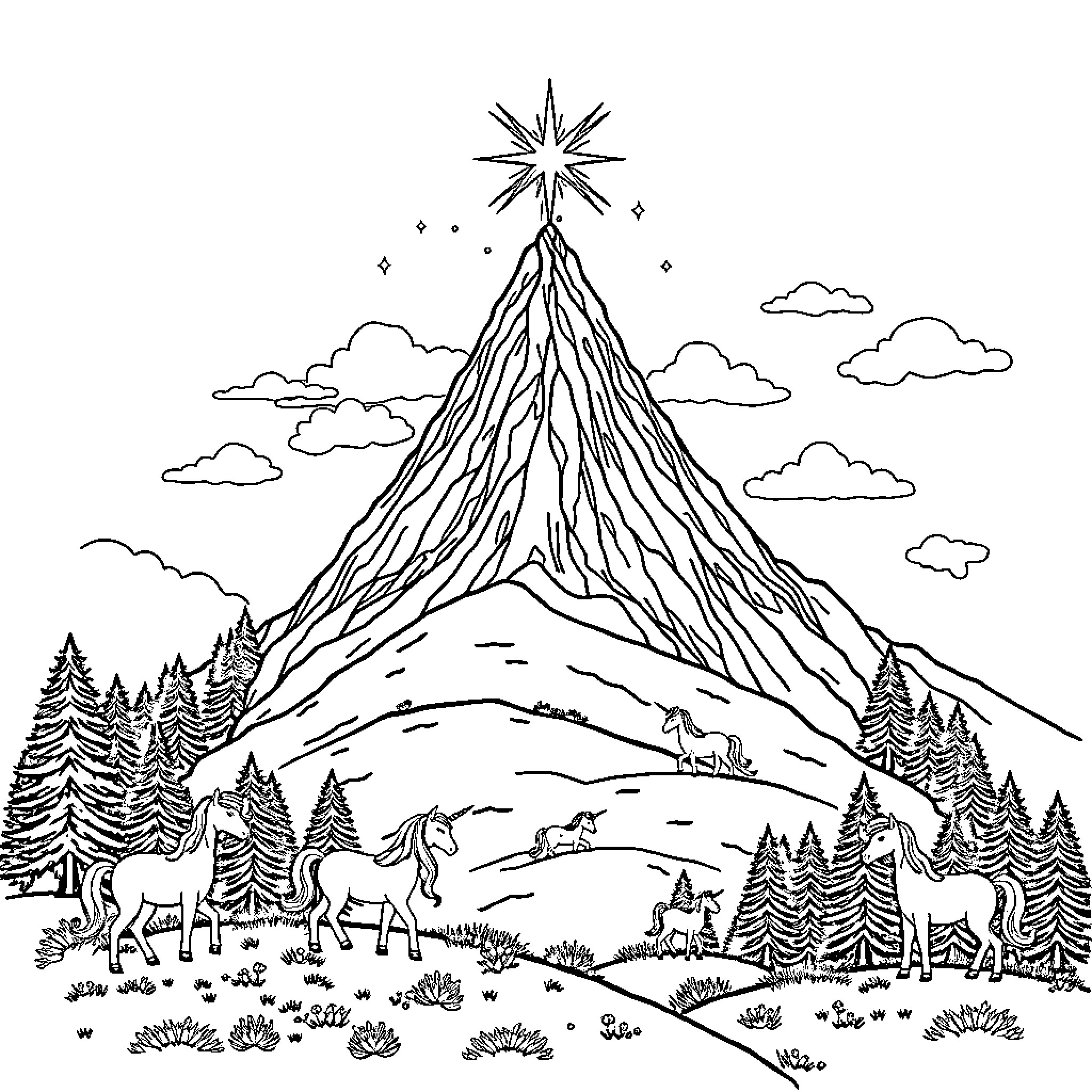 Unicorn galloping through enchanted mountain landscape Coloring Page (free black-and-white line drawing printable PDF for all, from beginners to advanced learners, including children, teens, adults, and seniors)