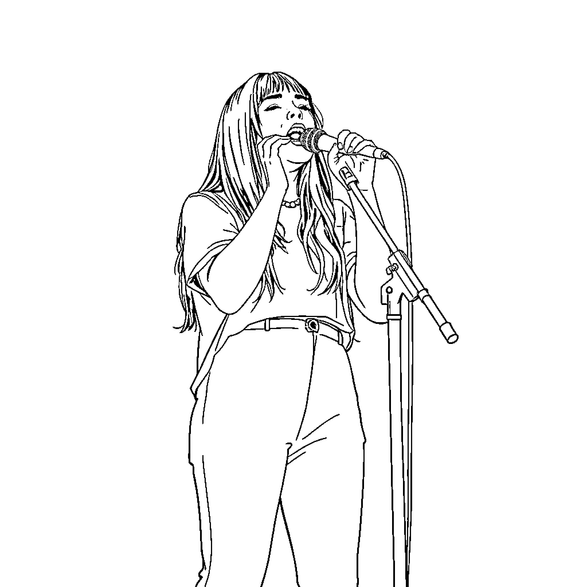 Billie Eilish performing on stage Coloring Page (free black-and-white line drawing printable PDF for all, from beginners to advanced learners, including children, teens, adults, and seniors)
