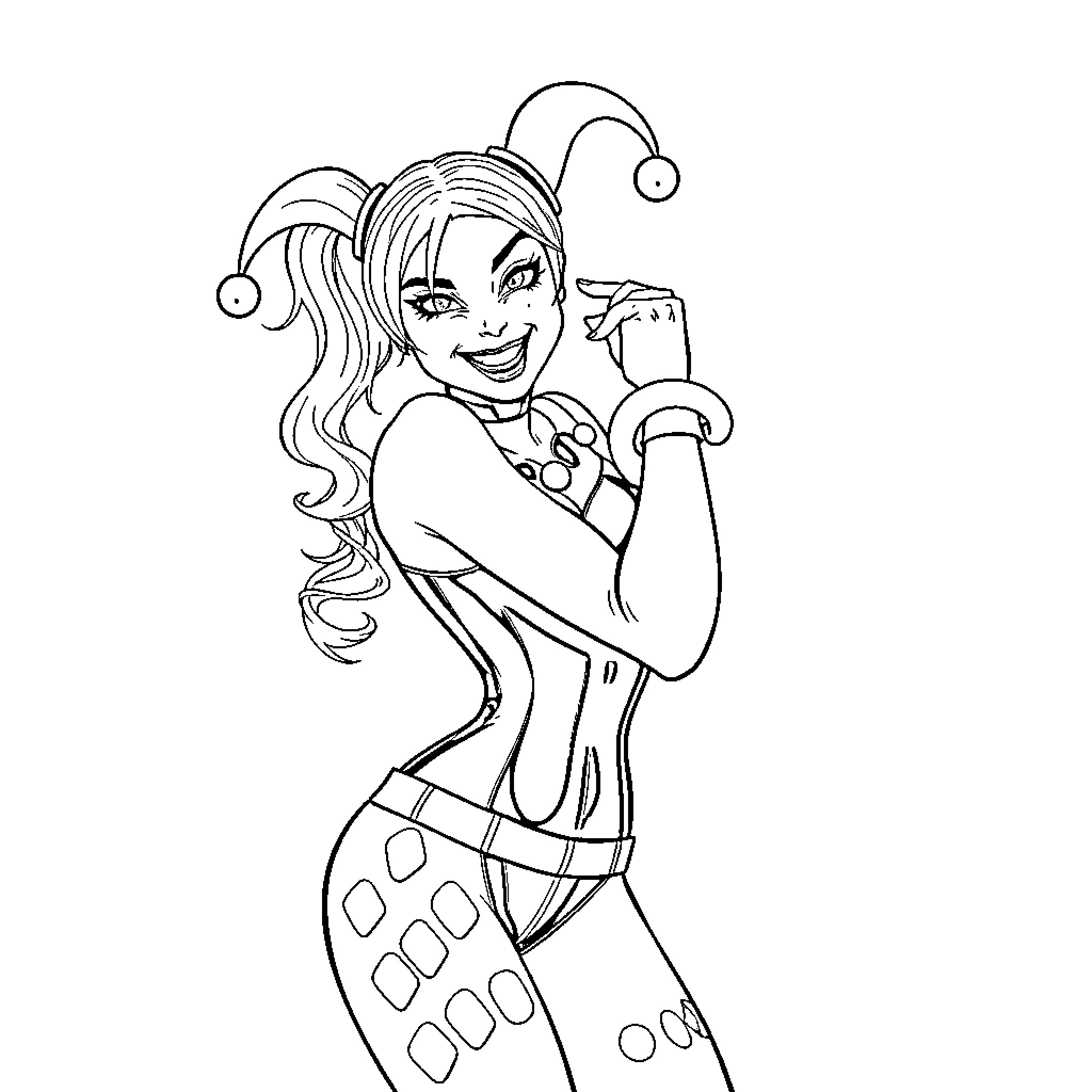 Harley Quinn in a playful, energetic pose Coloring Page (free black-and-white line drawing printable PDF for all, from beginners to advanced learners, including children, teens, adults, and seniors)