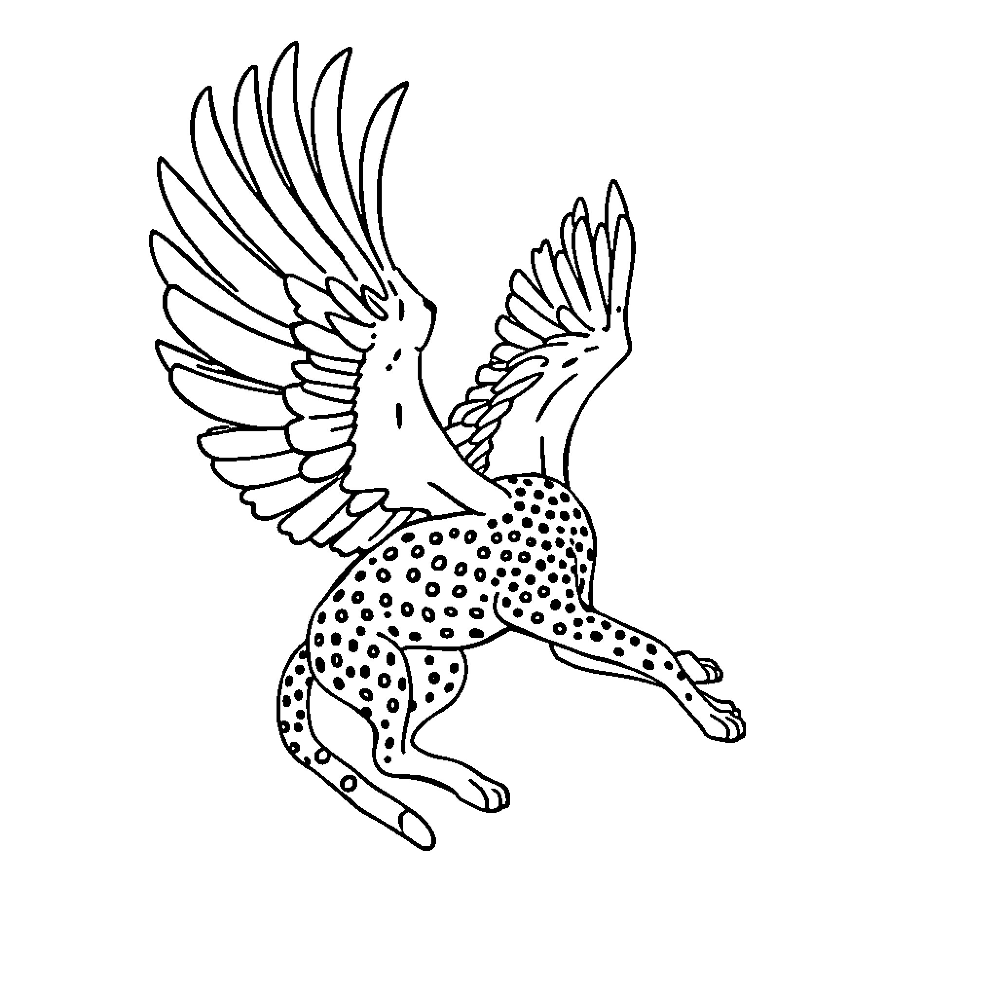 Cheetah with majestic wings in flight Coloring Page (free black-and-white line drawing printable PDF for all, from beginners to advanced learners, including children, teens, adults, and seniors)