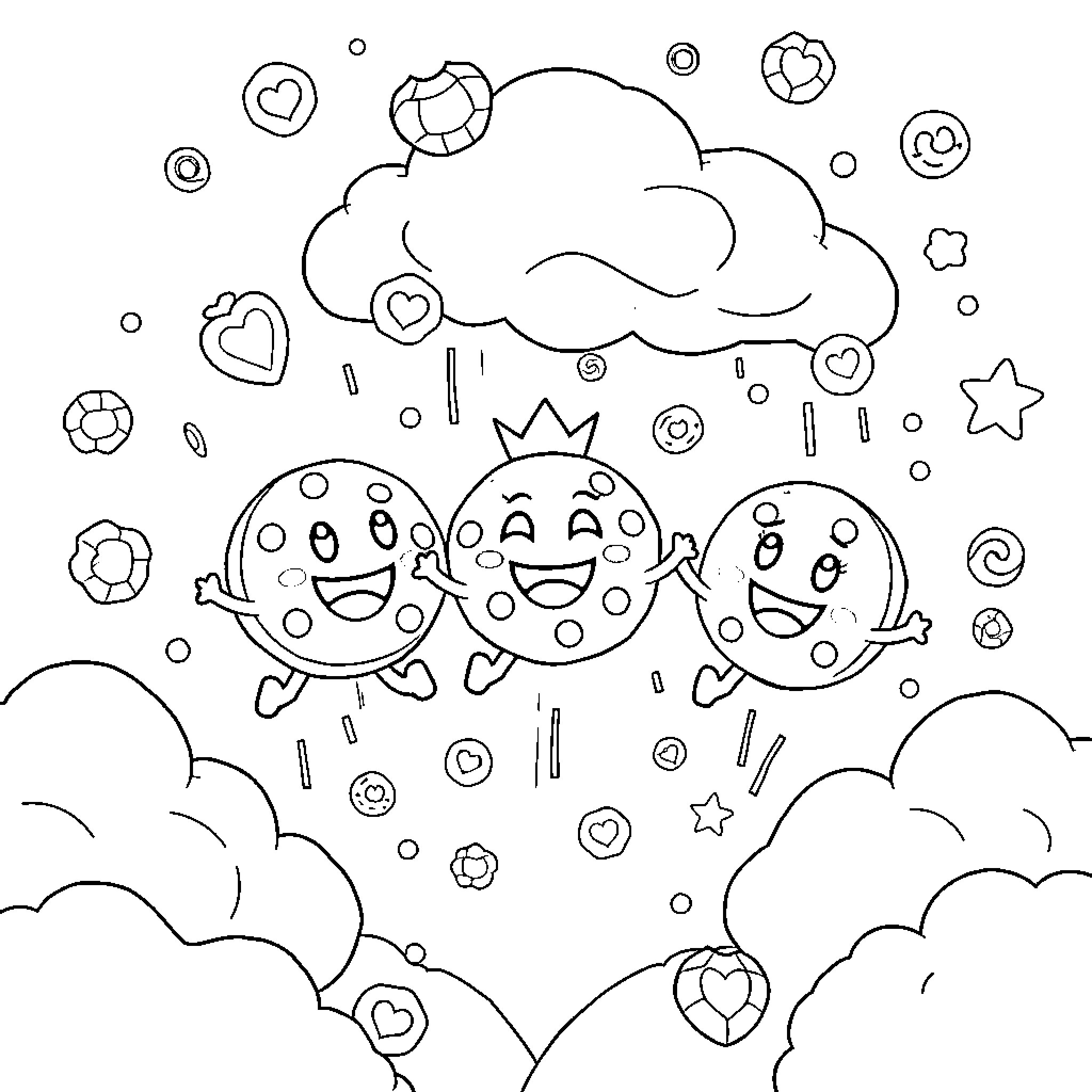 Cookie characters playing in whimsical cloud scene Coloring Page (free black-and-white line drawing printable PDF for all, from beginners to advanced learners, including children, teens, adults, and seniors)