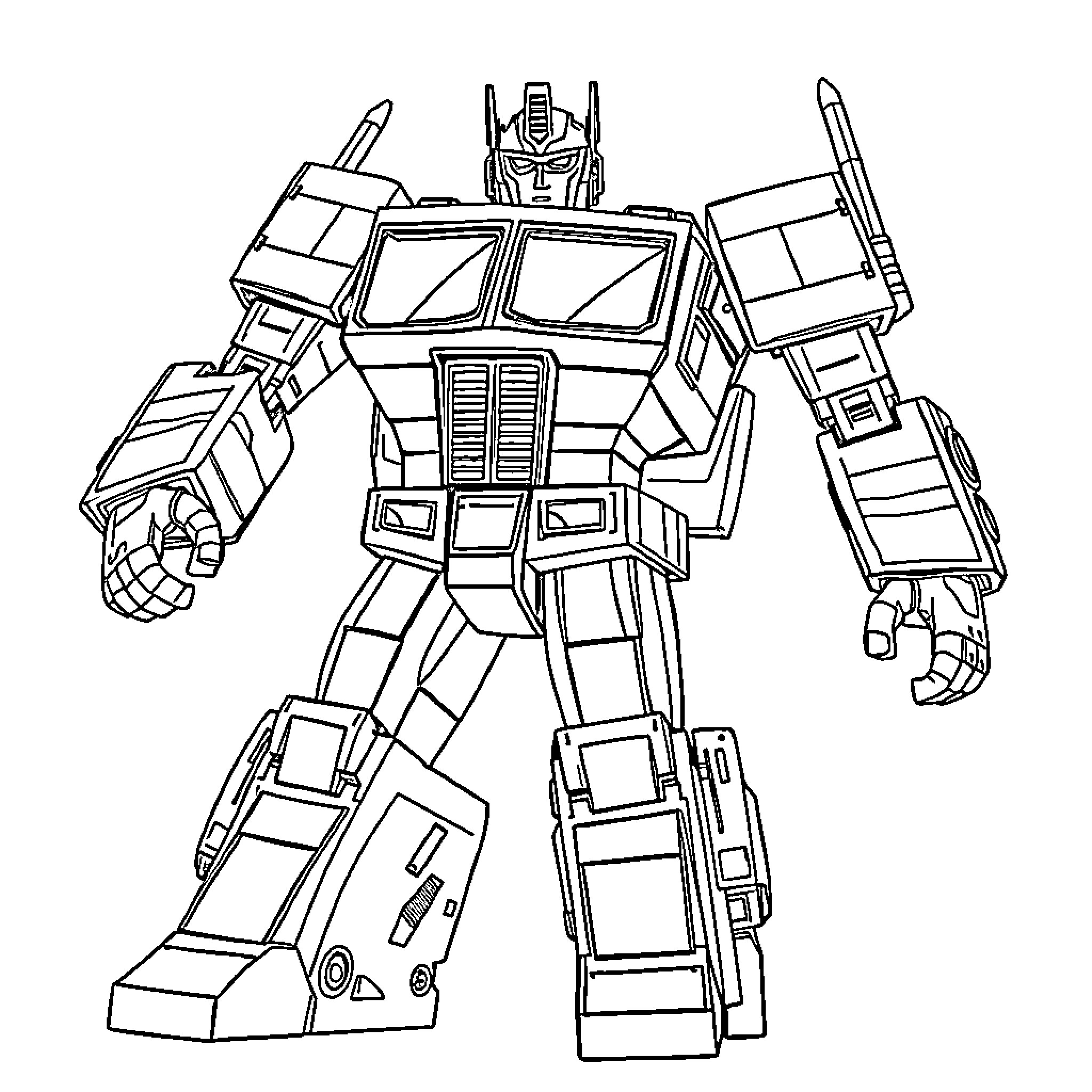 Optimus Prime in heroic battle stance Coloring Page (free black-and-white line drawing printable PDF for all, from beginners to advanced learners, including children, teens, adults, and seniors)
