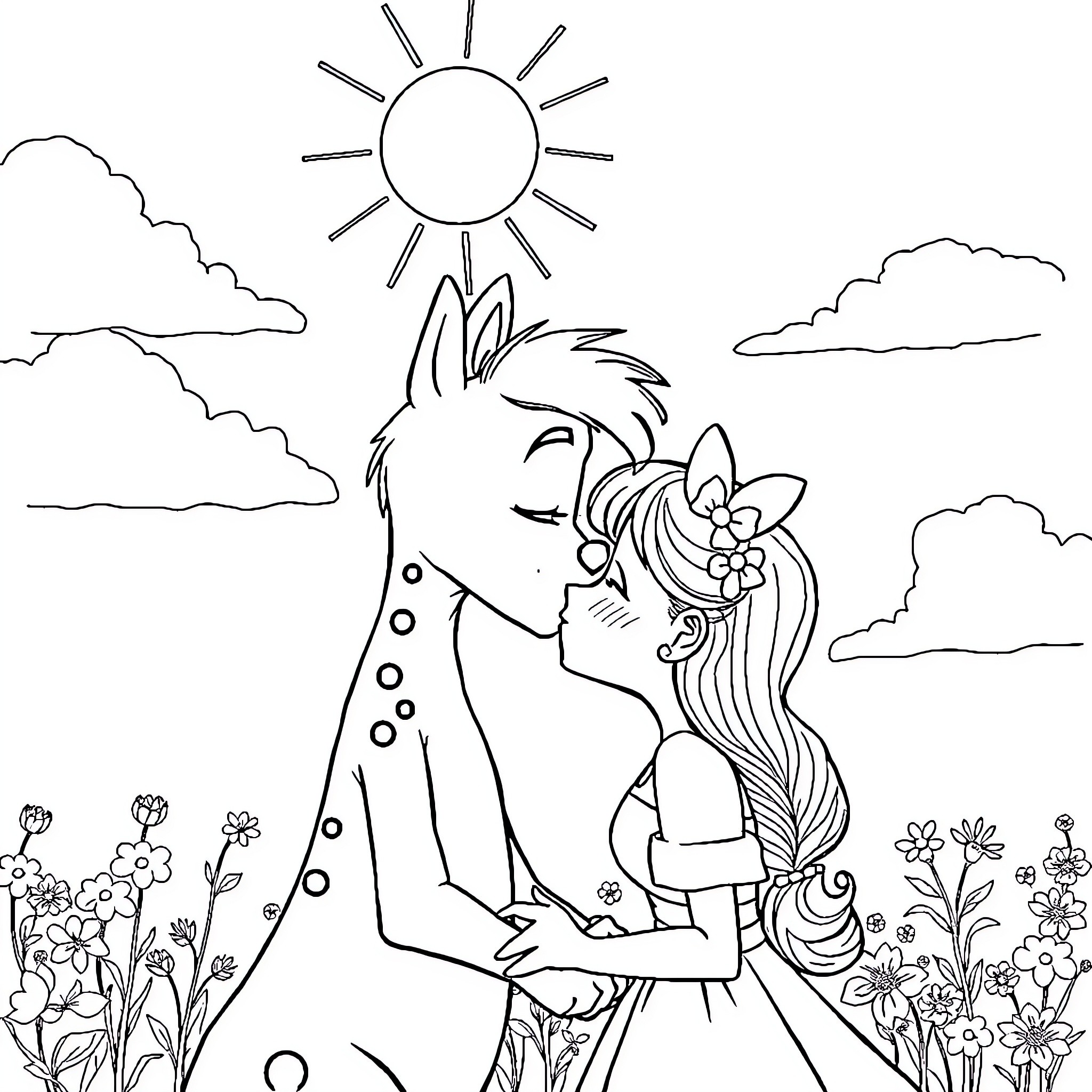 Titeuf and girl embrace under the sun Coloring Page (free black-and-white line drawing printable PDF for all, from beginners to advanced learners, including children, teens, adults, and seniors)