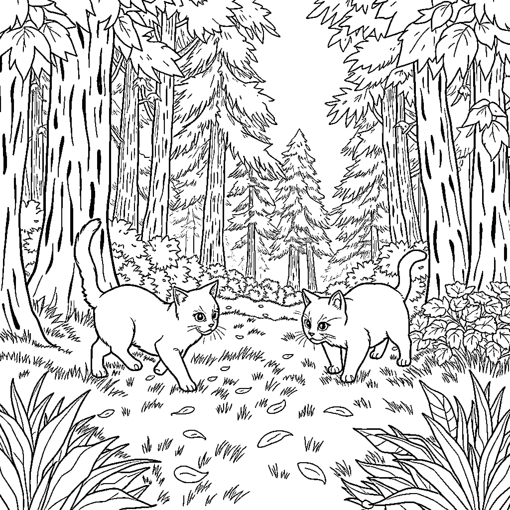 Cats in the Forest Coloring Page (free black-and-white line drawing printable PDF for all, from beginners to advanced learners, including children, teens, adults, and seniors)