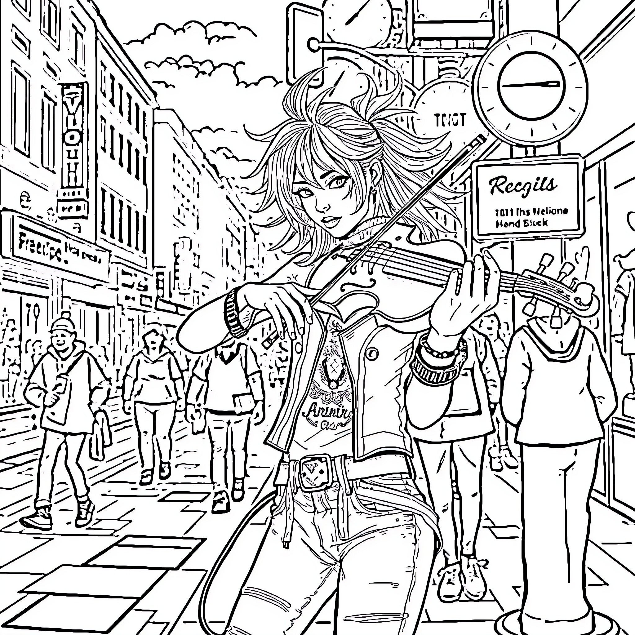 Punk Rock Girl Jamming on the Street Coloring Page (free black-and-white line drawing printable PDF for all, from beginners to advanced learners, including children, teens, adults, and seniors)