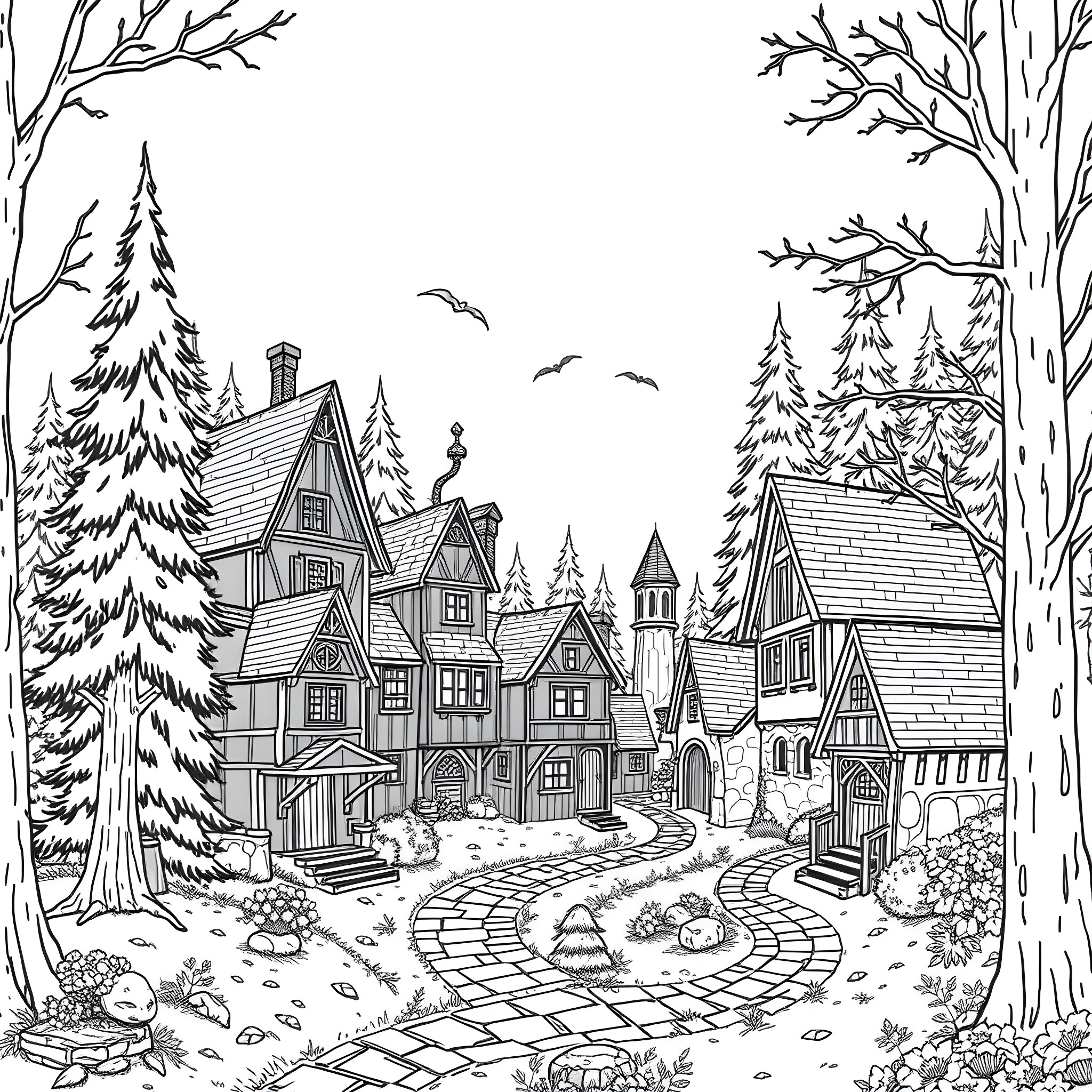 Home in a Cozy Winter Village Landscape Coloring Page (free black-and-white line drawing printable PDF for all, from beginners to advanced learners, including children, teens, adults, and seniors)