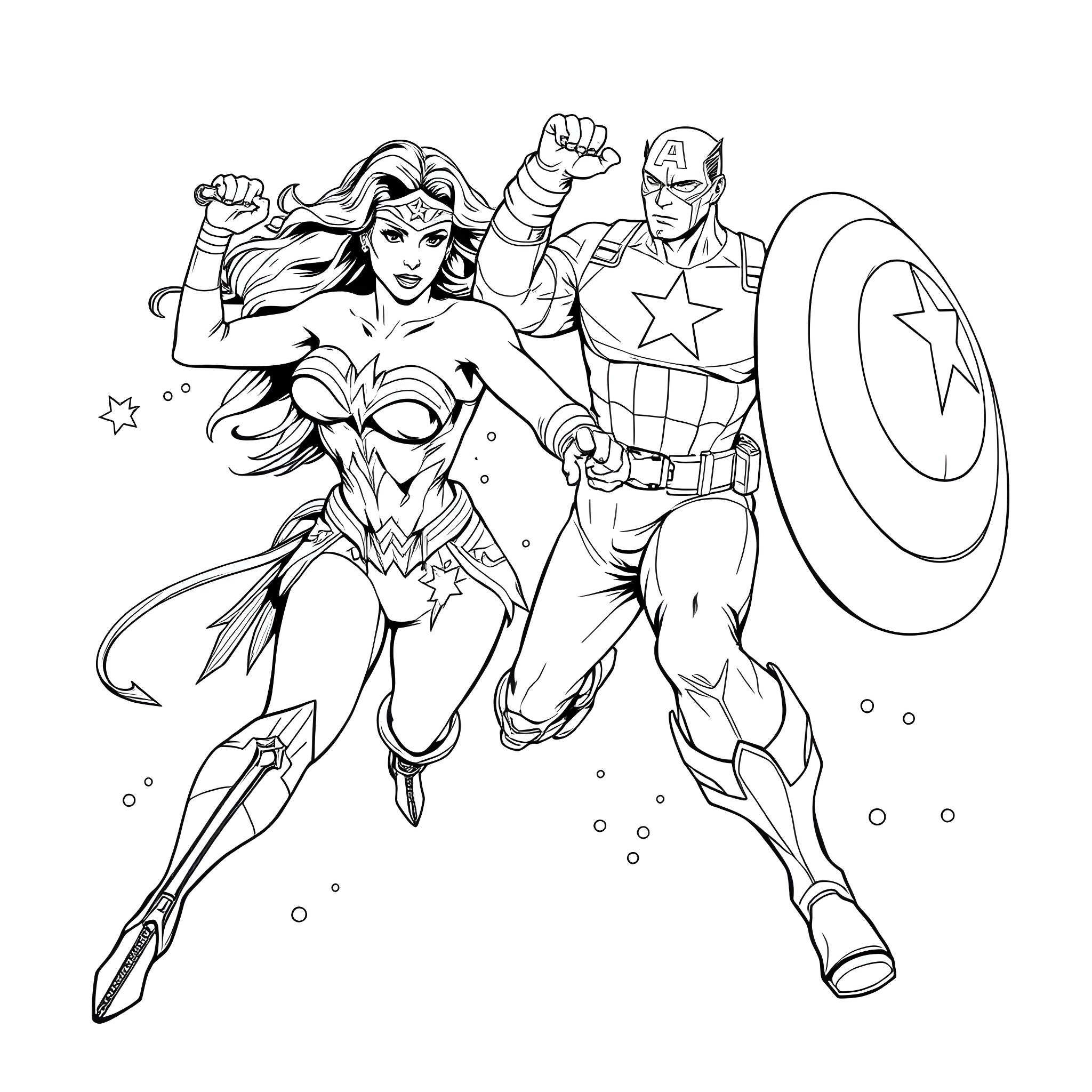 Wonder Woman and Captain America in Action Coloring Page (free black-and-white line drawing printable PDF for all, from beginners to advanced learners, including children, teens, adults, and seniors)