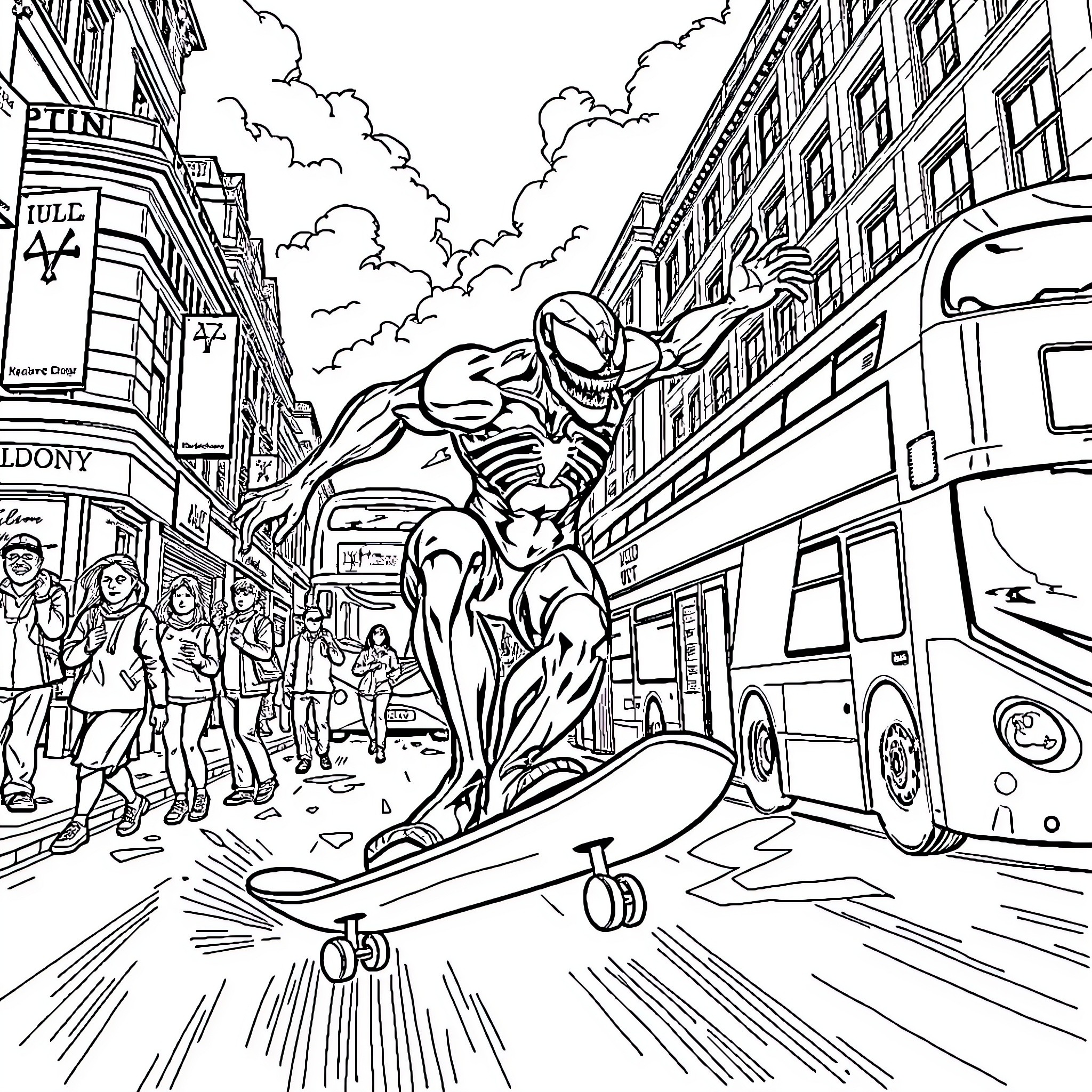 Venom Swinging Through the City Streets Coloring Page (free black-and-white line drawing printable PDF for all, from beginners to advanced learners, including children, teens, adults, and seniors)