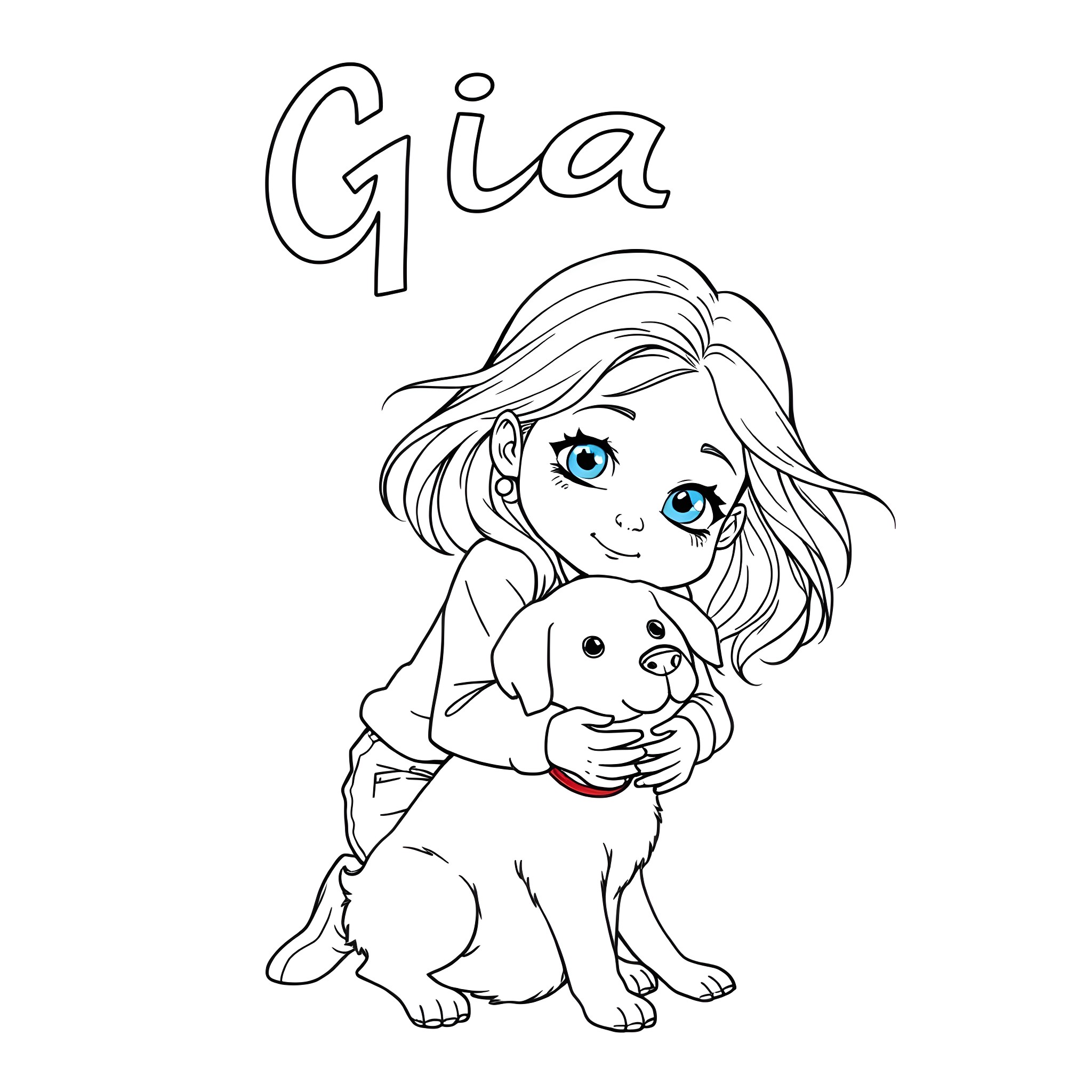 Girl hugging a puppy happily Coloring Page (free black-and-white line drawing printable PDF for all, from beginners to advanced learners, including children, teens, adults, and seniors)