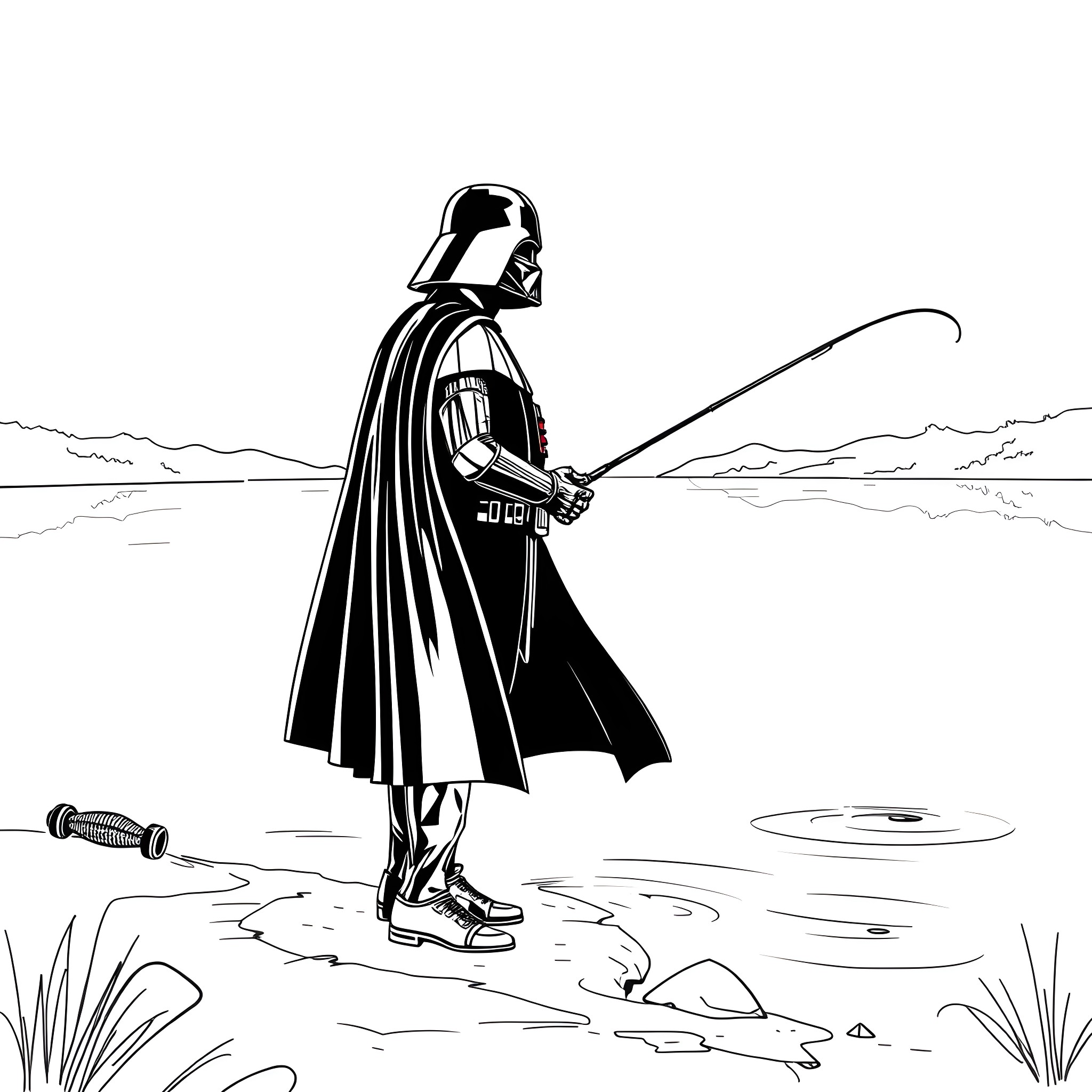 Darth Vader surveying the landscape with his lightsaber Coloring Page (free black-and-white line drawing printable PDF for all, from beginners to advanced learners, including children, teens, adults, and seniors)