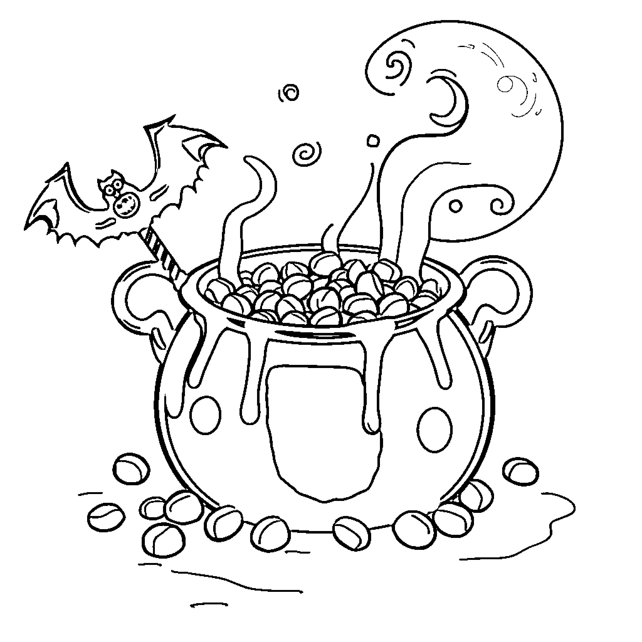 Cauldron of Enchanting Creatures and Spells Coloring Page (free black-and-white line drawing printable PDF for all, from beginners to advanced learners, including children, teens, adults, and seniors)