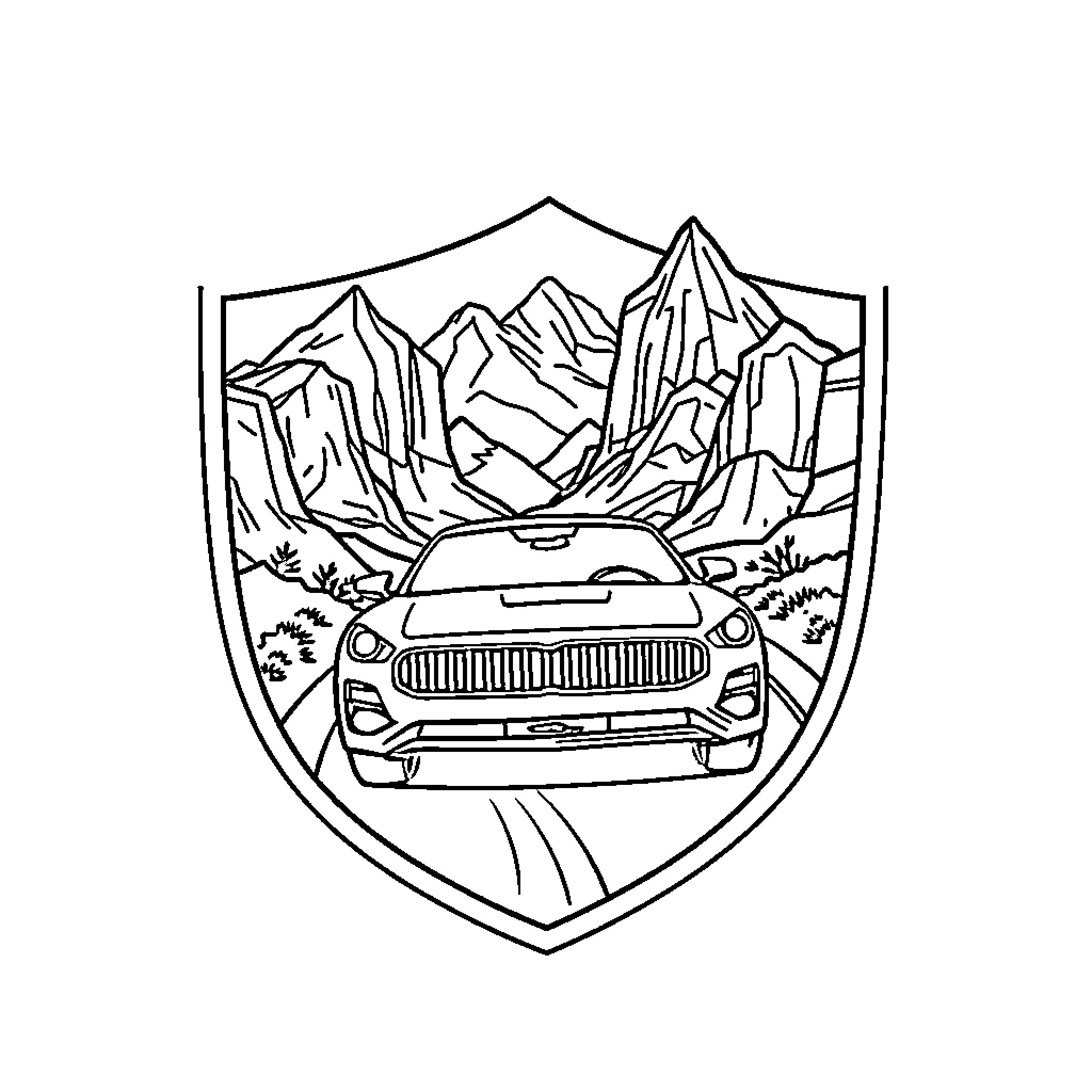 Shield of Mountain Adventure and Vehicle Coloring Page (free black-and-white line drawing printable PDF for all, from beginners to advanced learners, including children, teens, adults, and seniors)