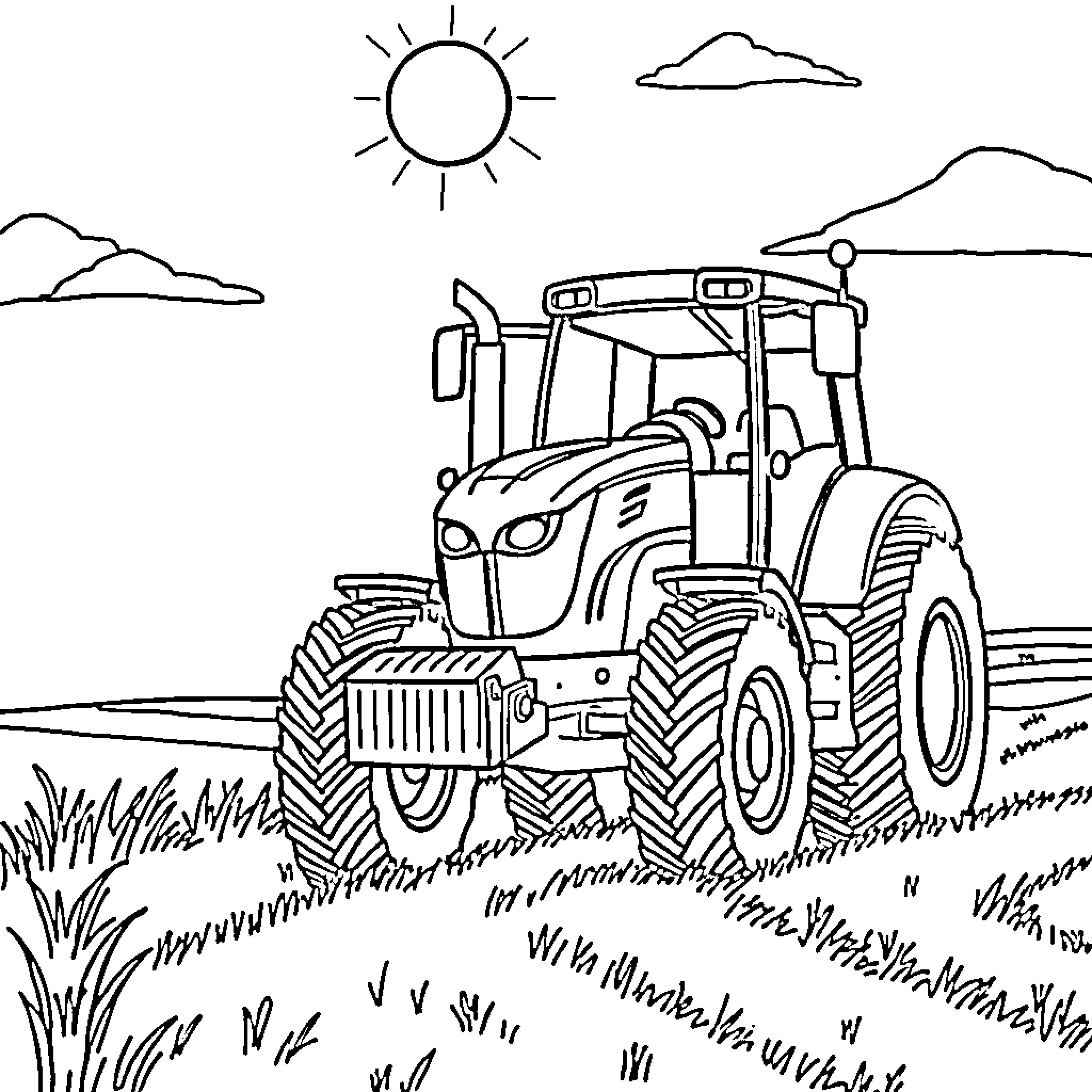 Tractor working in the rural landscape Coloring Page (free black-and-white line drawing printable PDF for all, from beginners to advanced learners, including children, teens, adults, and seniors)