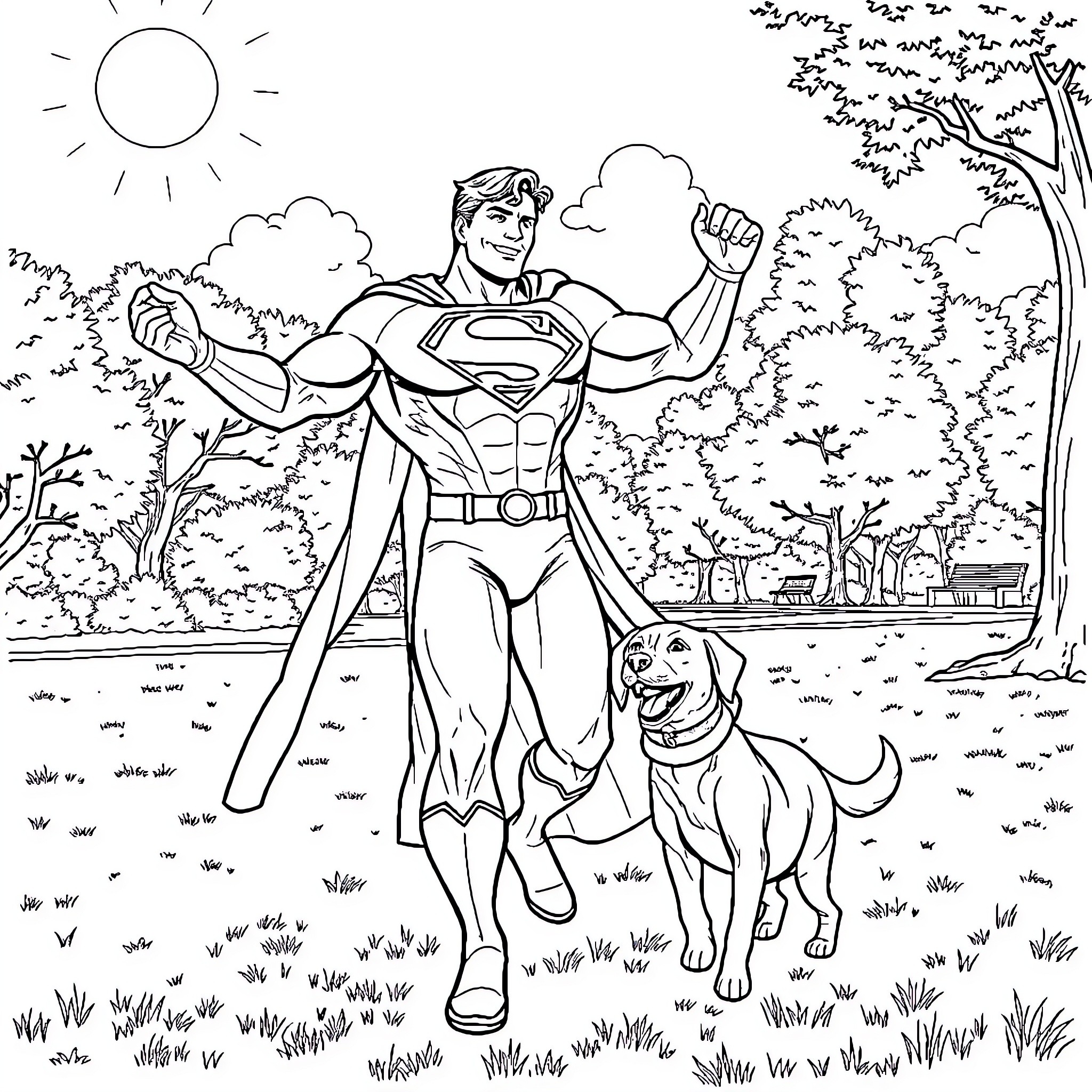 Superman saving the day with his dog Coloring Page (free black-and-white line drawing printable PDF for all, from beginners to advanced learners, including children, teens, adults, and seniors)