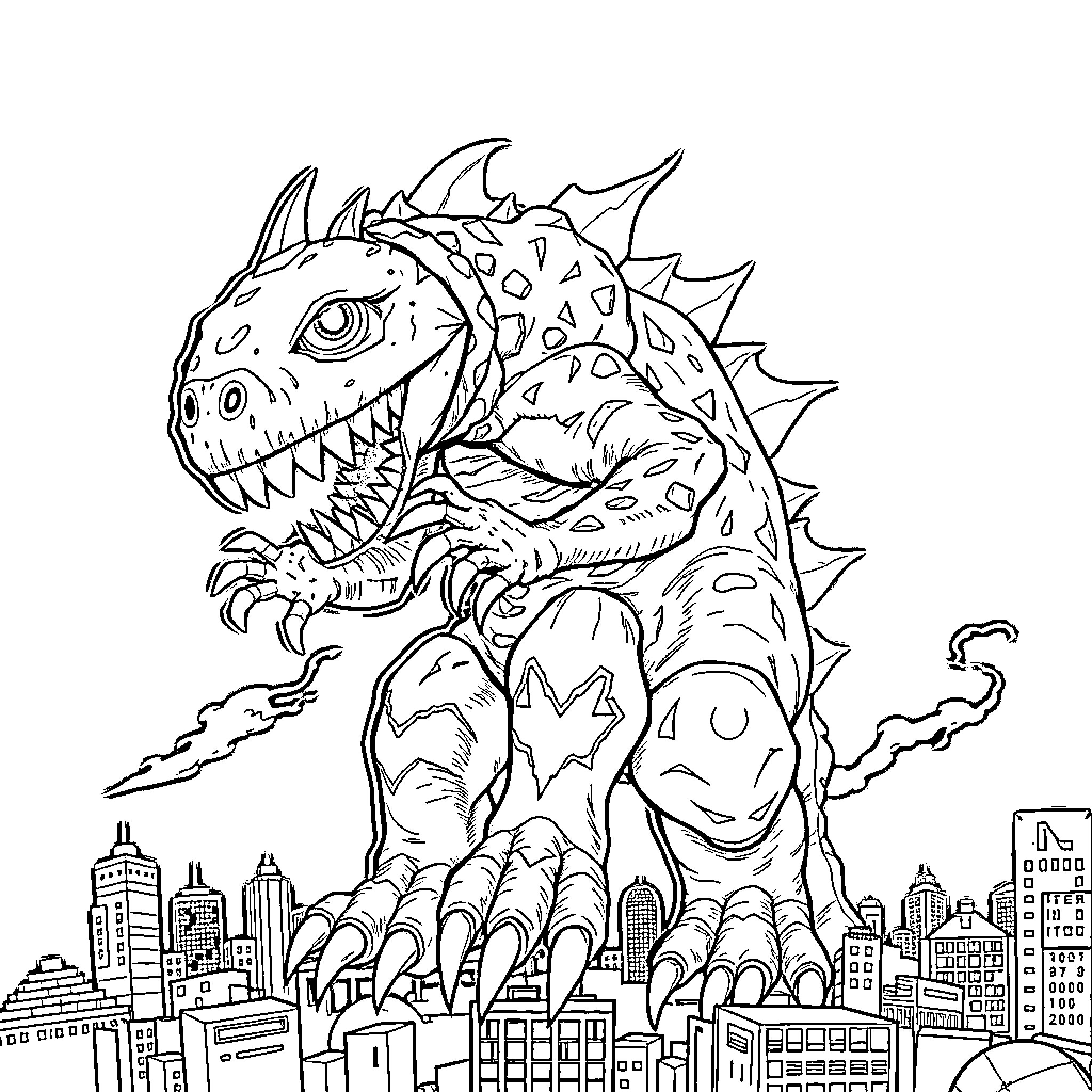 Apple AirPod: Fierce Dinosaur Rampaging Through City Coloring Page (free black-and-white line drawing printable PDF for all, from beginners to advanced learners, including children, teens, adults, and seniors)